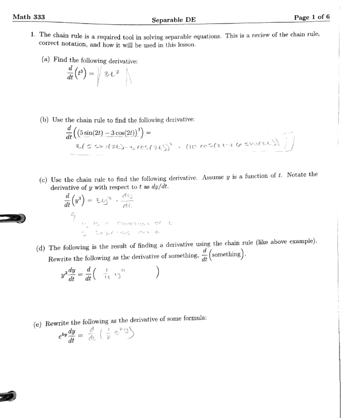 Seperable DE - Worksheet on separable differential equations lesson ...