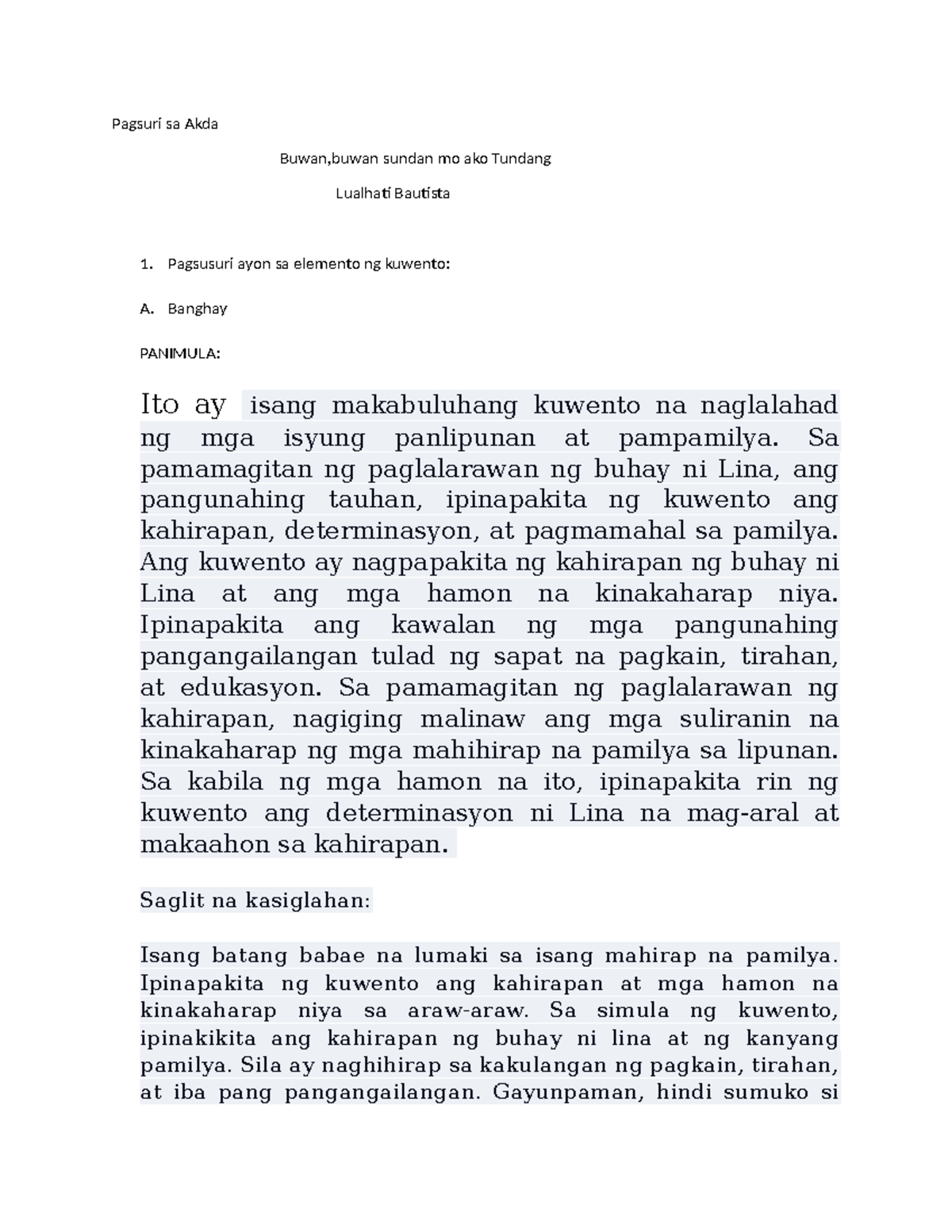 Pagsuri sa Akda - Summary BSE Filipino - Pagsuri sa Akda Buwan,buwan ...