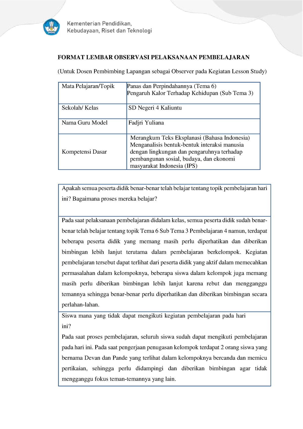 Lesson Study Siklus I Format Lembar Observasi Pelaksanaan Pembelajaran Untuk Dosen