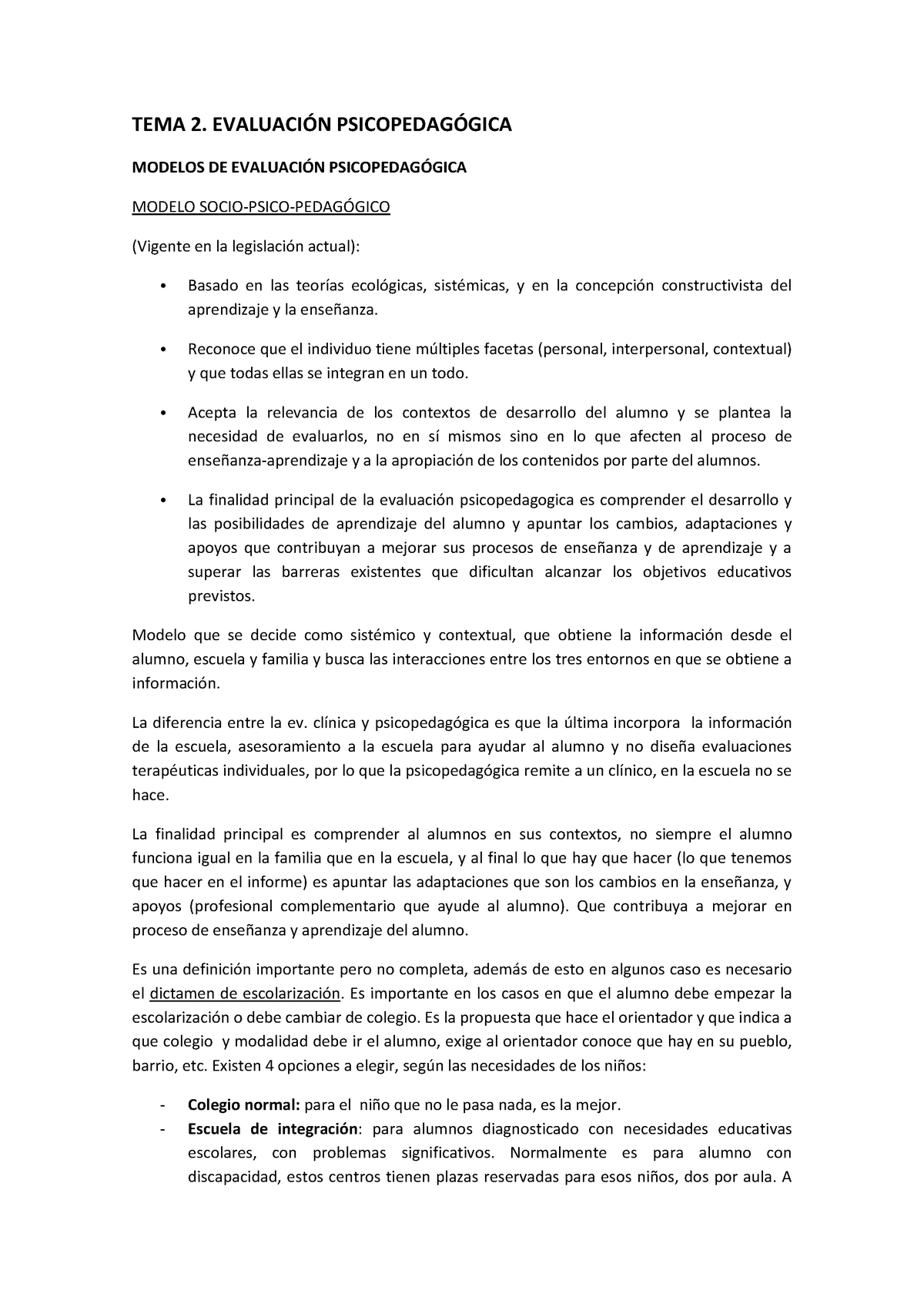 3º Ev. Educativa Tema 2 Evaluación Psipedagógica - TEMA 2. MODELOS DE ...