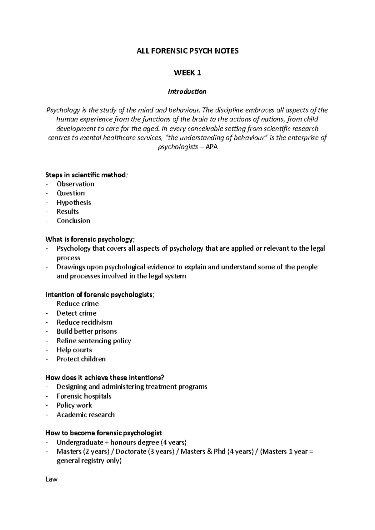 Weeks 1-10 Forensic Psychology Notes - ALL FORENSIC PSYCH NOTES WEEK 1 ...