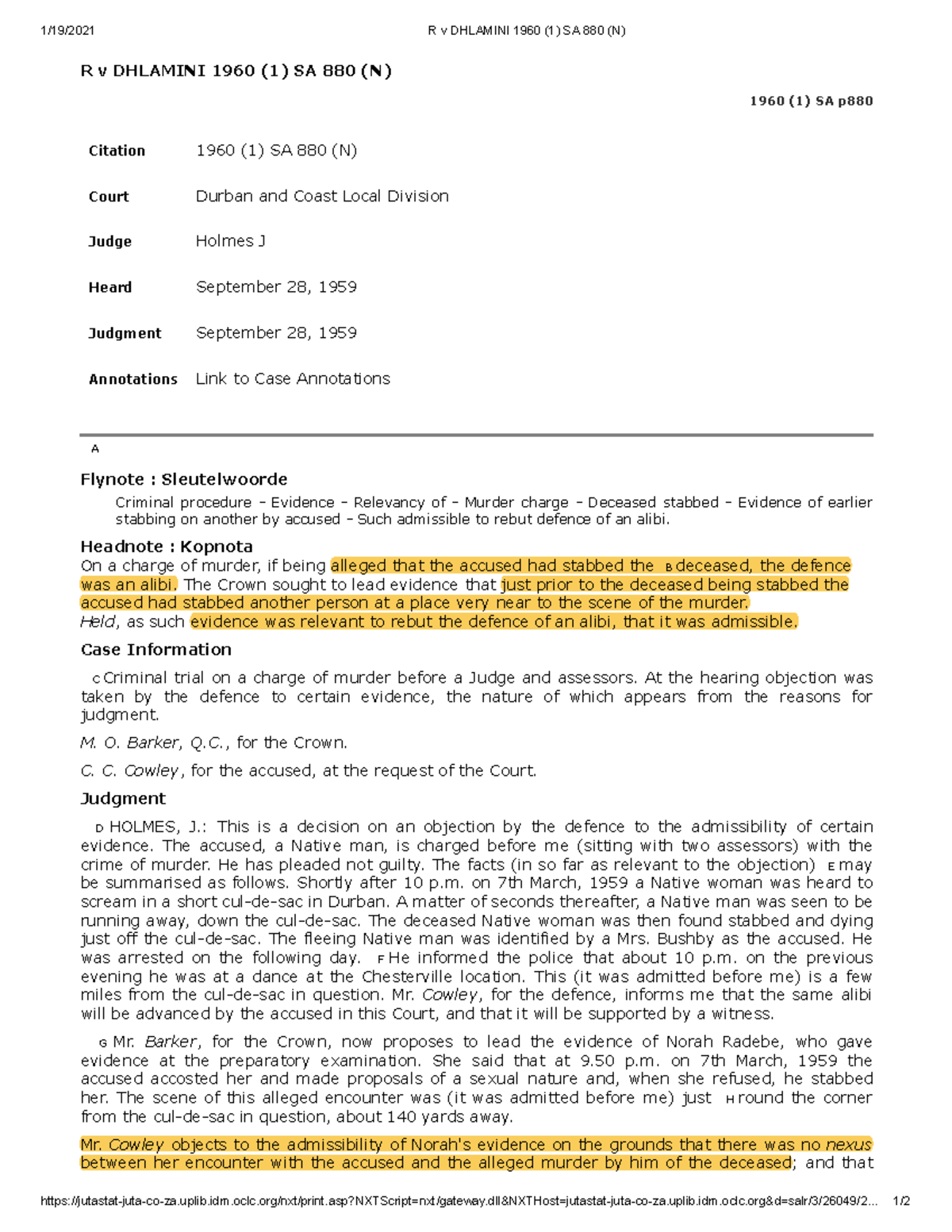 R v Dhlamini 1960 (1) SA 880 (N) - 1/19/2021 R v DHLAMINI 1960 (1) SA ...