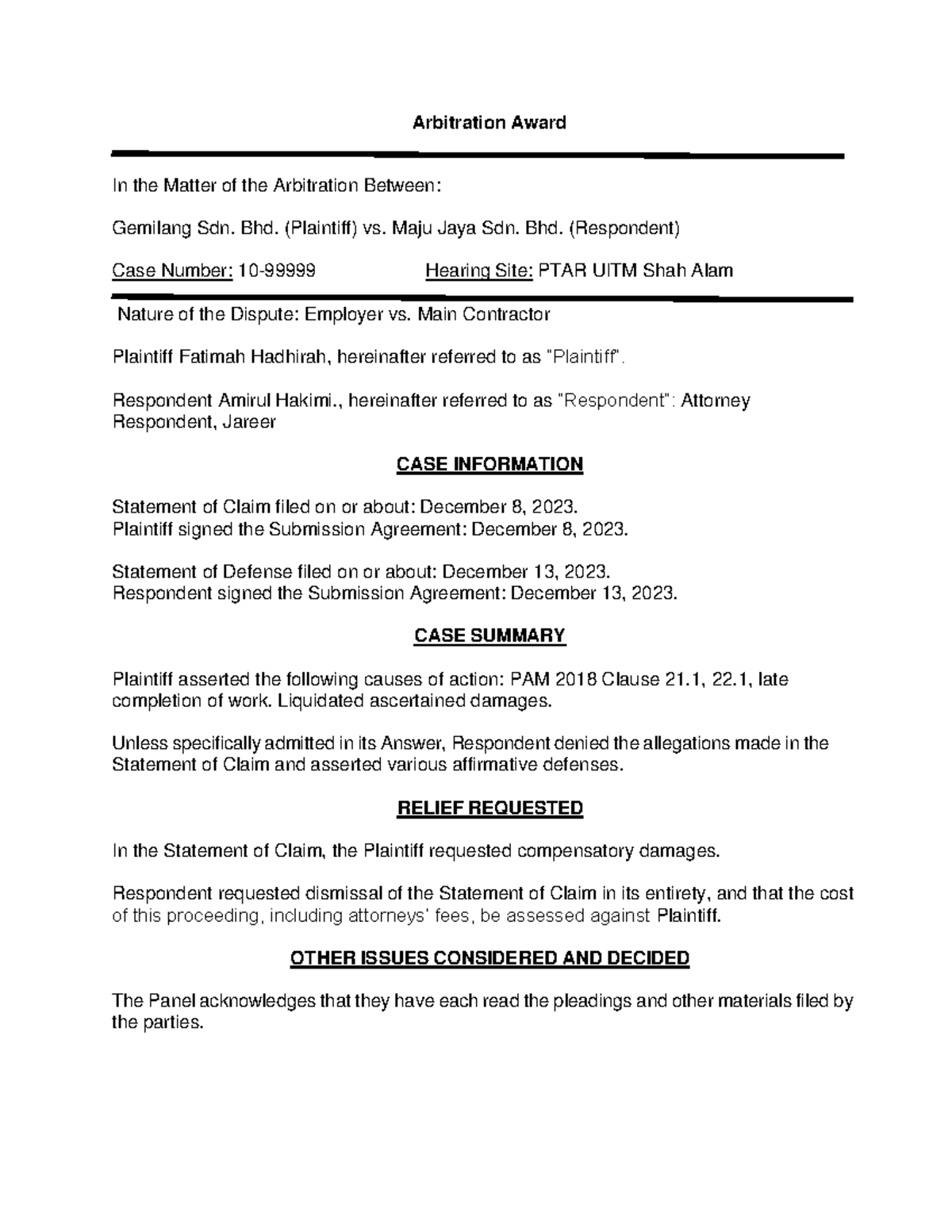 ARBI Award - Arbitration Award In the Matter of the Arbitration Between ...