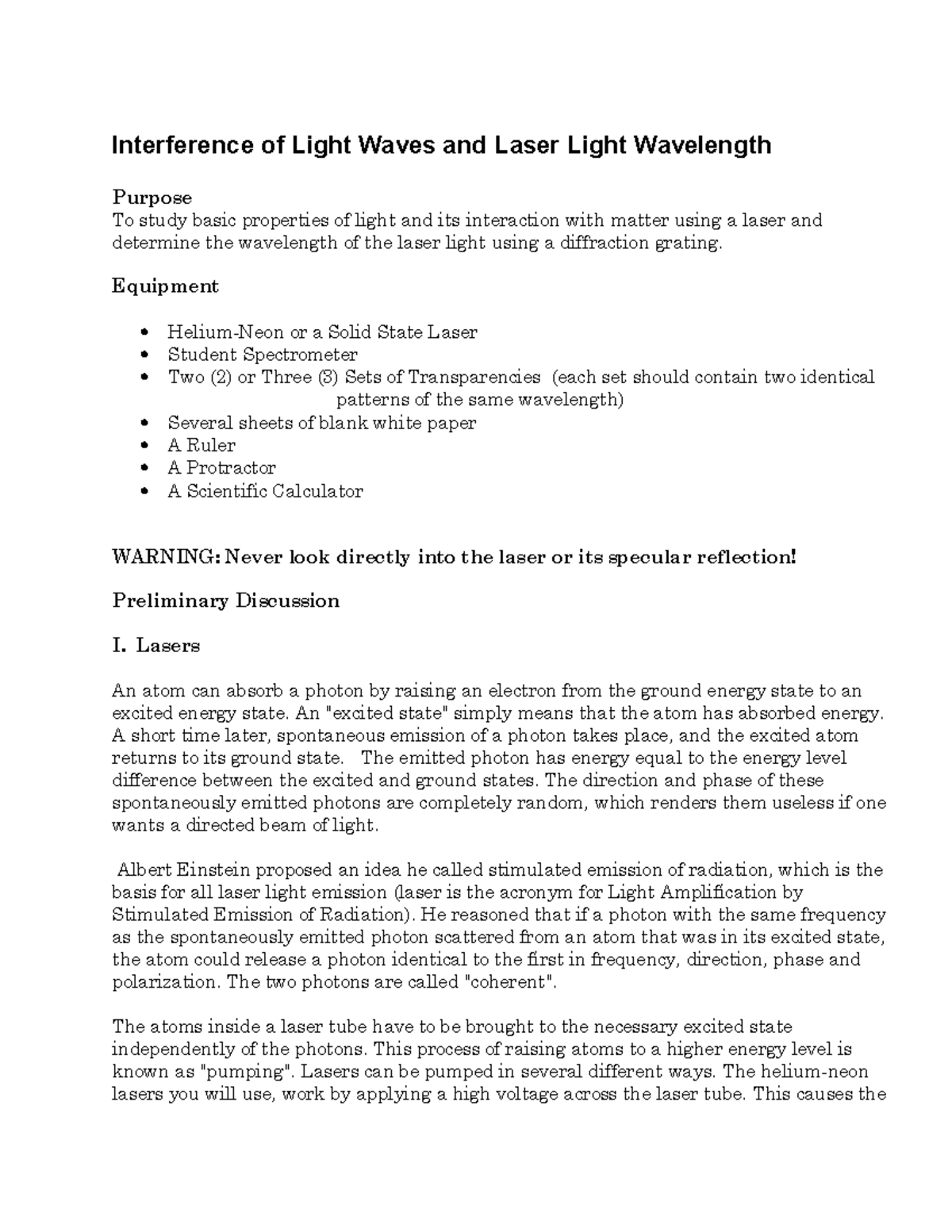 Lab 6 lasers Dr. Anderson's Lab Interference of Light Waves and
