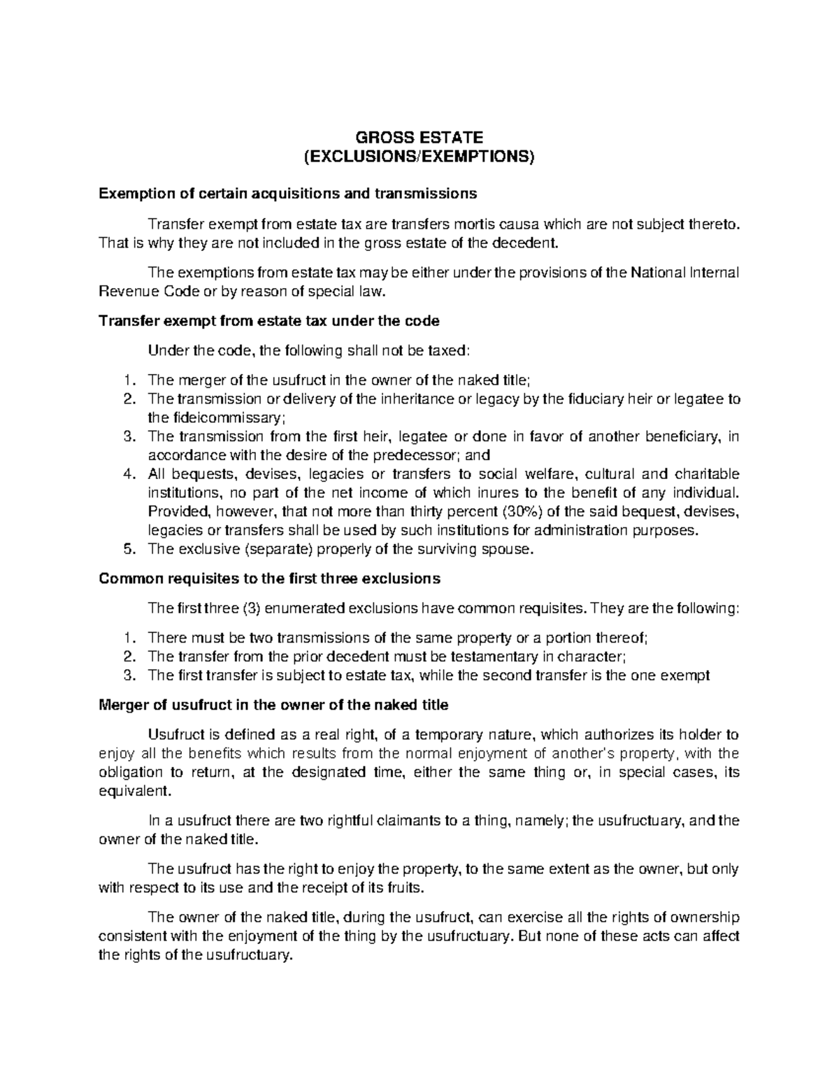 GrossEstate nadaskfnskak GROSS ESTATE (EXCLUSIONS/EXEMPTIONS