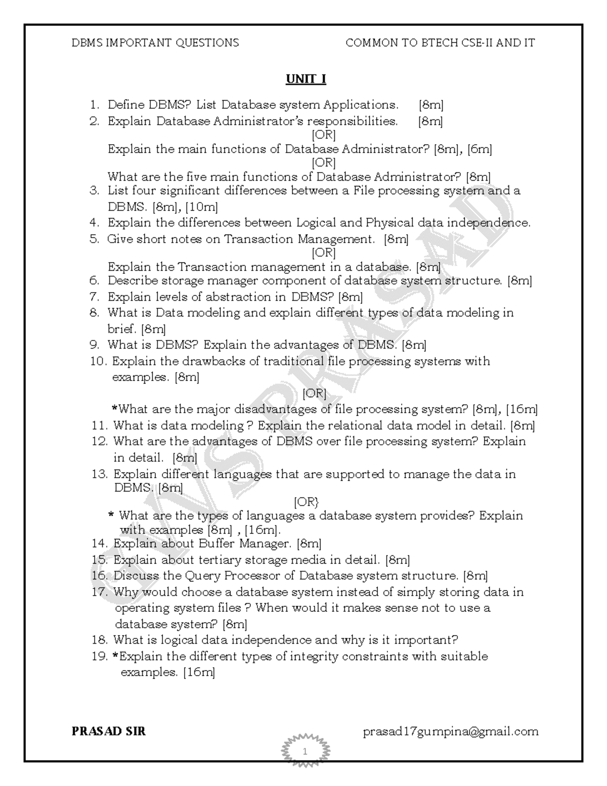 This file contains questions related to DBMS - - Studocu