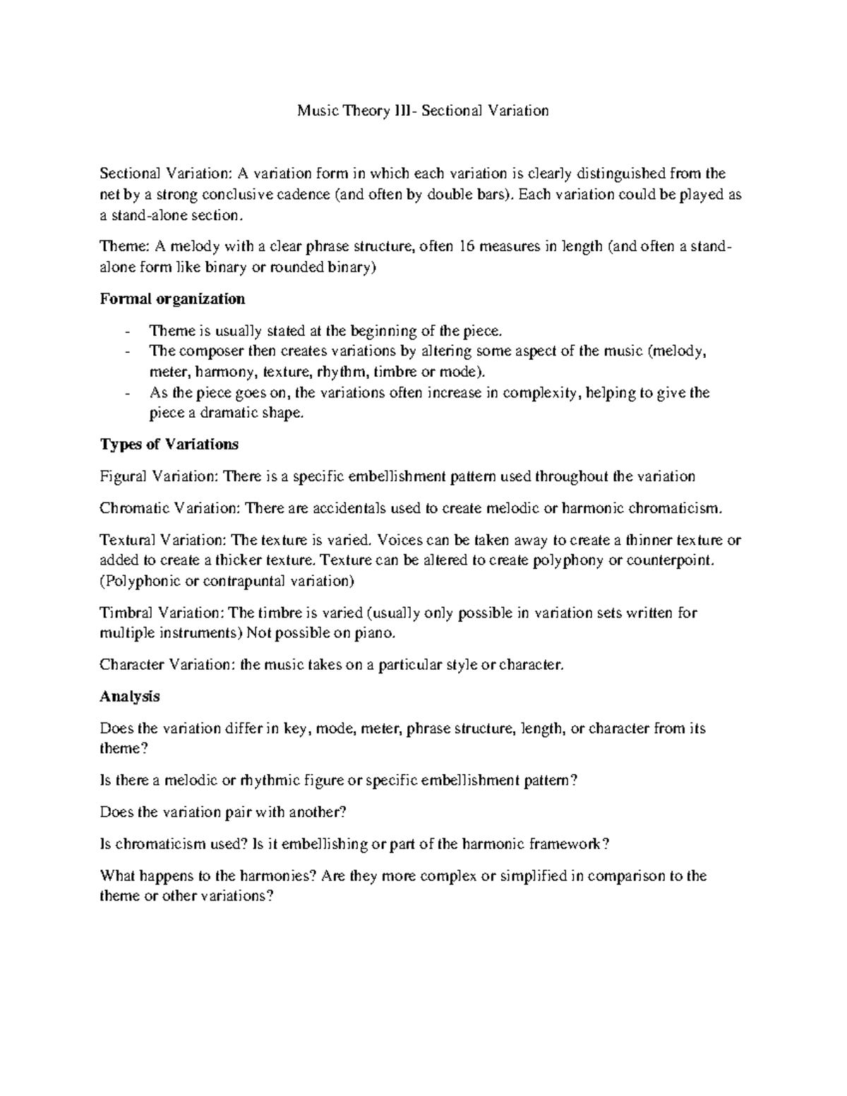 Mtiii Sectional Variations Music Theory Sectional Variation Sectional