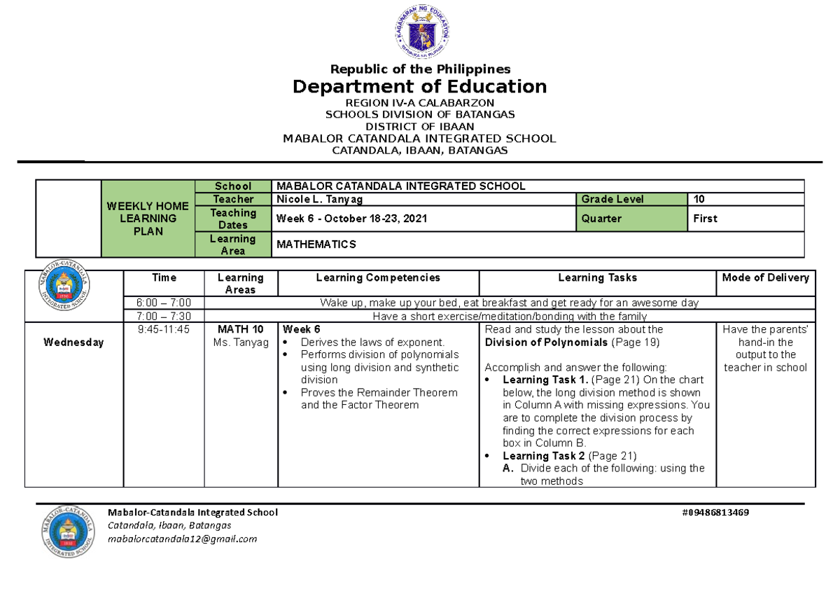 G9 -6th-Weekly-Home-Learning-Plan - Republic of the Philippines ...