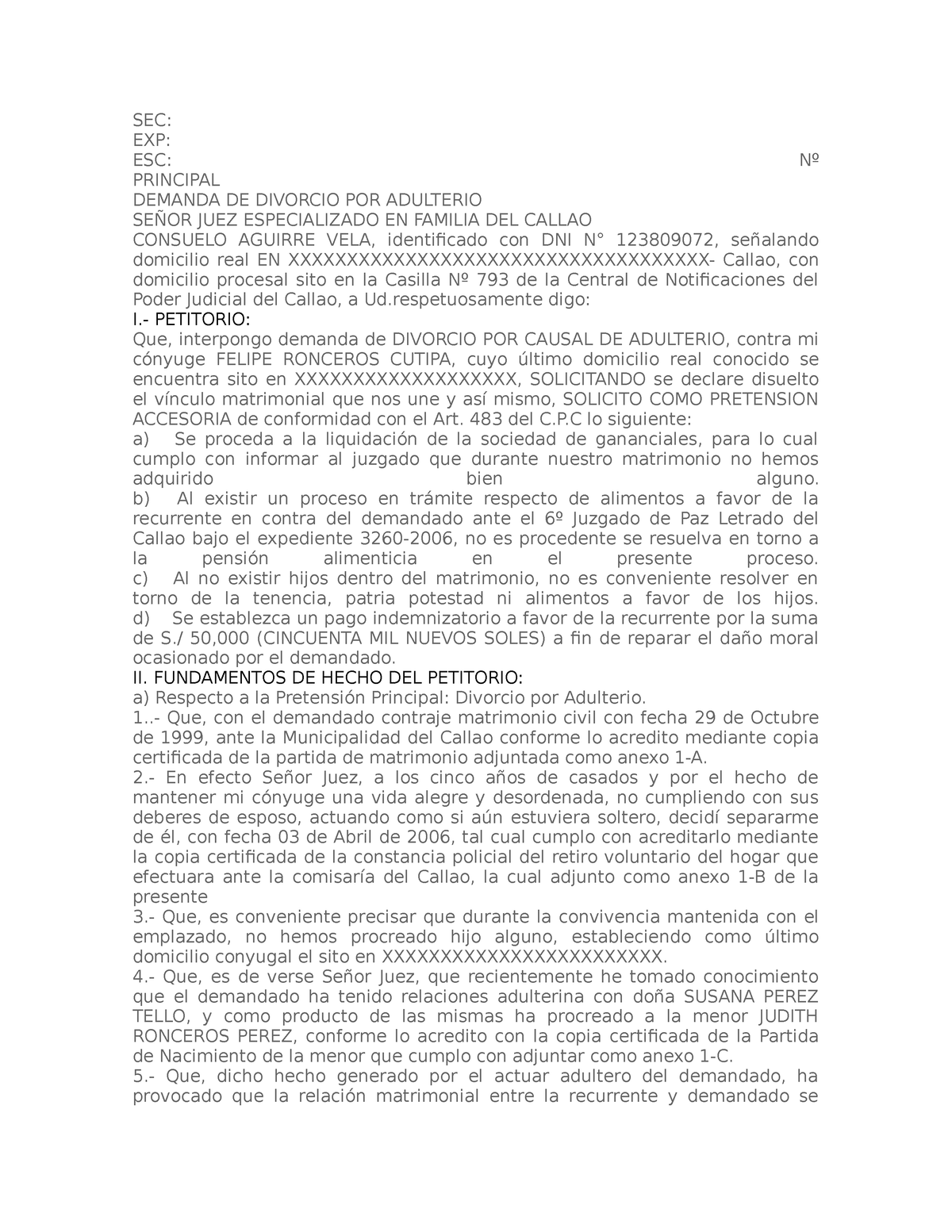 Divorcio por adulterio SEC EXP ESC Nº PRINCIPAL DEMANDA DE