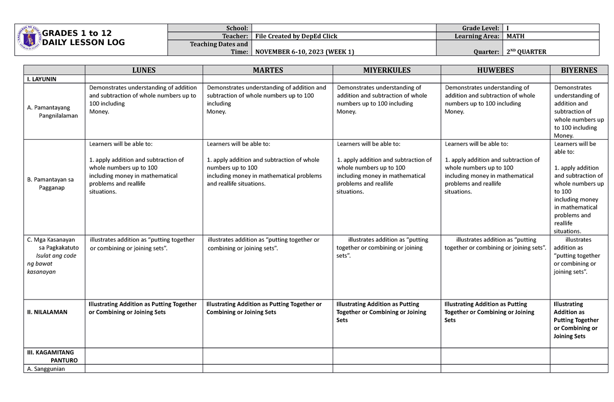 DLL MATH 1 Q2 W1 - DPL Math - GRADES 1 to 12 DAILY LESSON LOG School ...