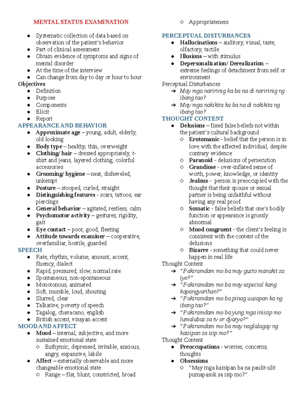 Mental Status Exam - MENTAL STATUS EXAMINATION Systematic collection of ...