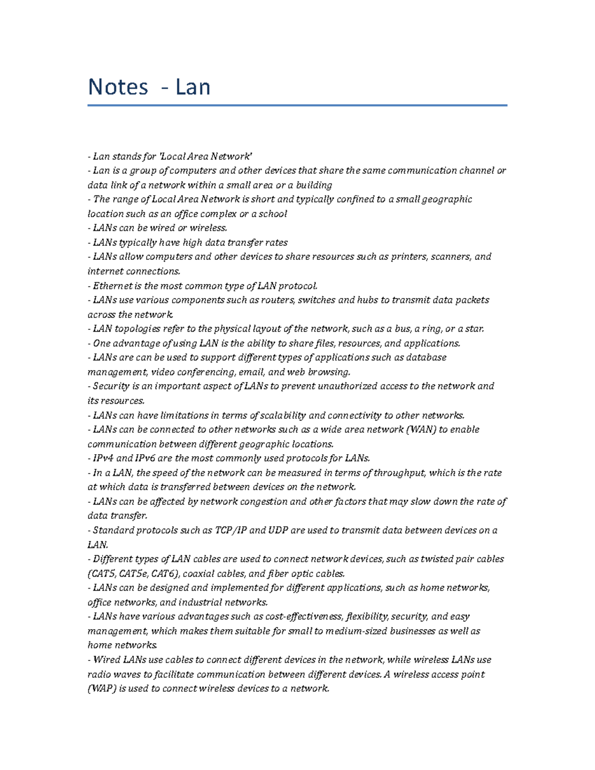 Lecture notes Lan Notes Lan Lan stands for 'Local Area Network' Lan is a group of