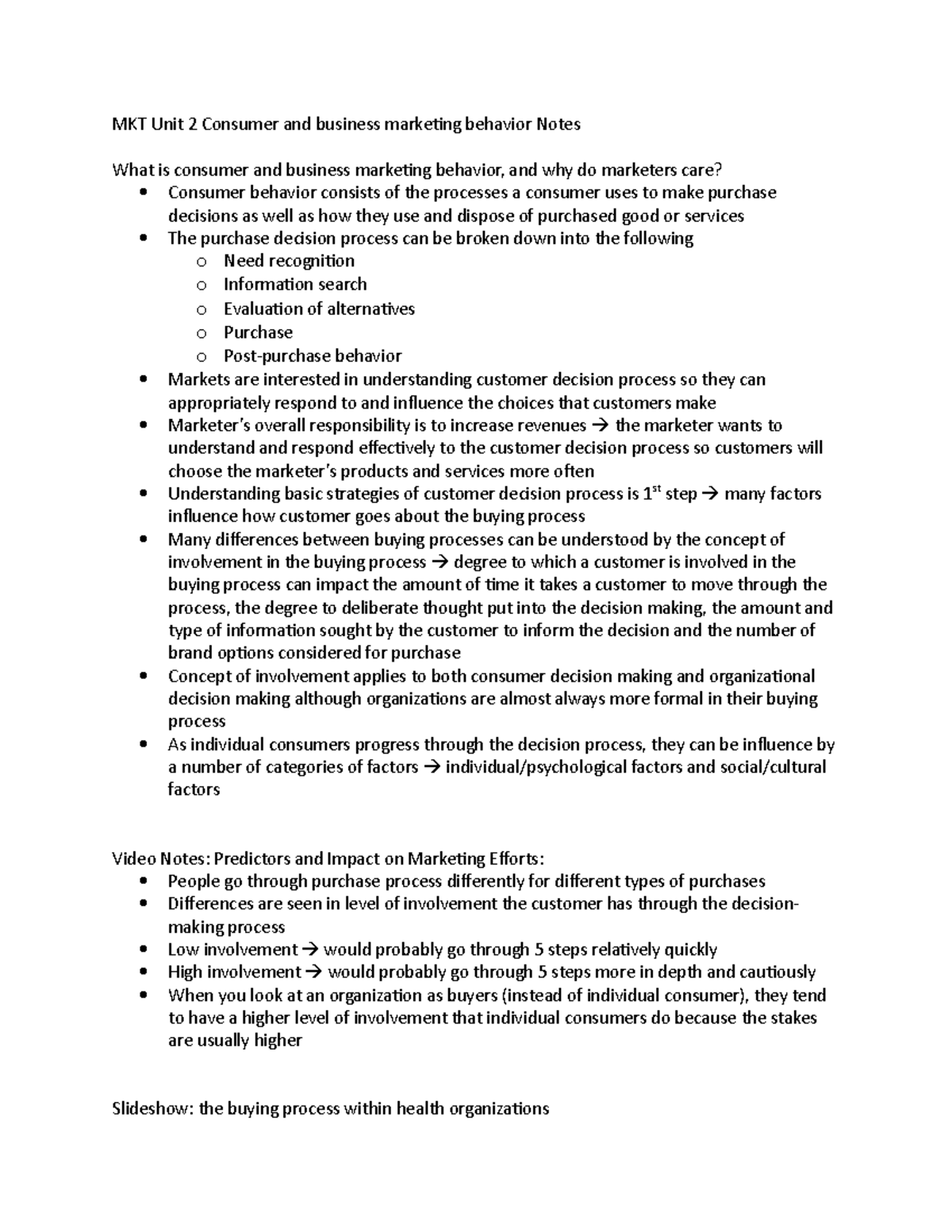 MKT Unit 2 Consumer and business marketing behavior Notes ...