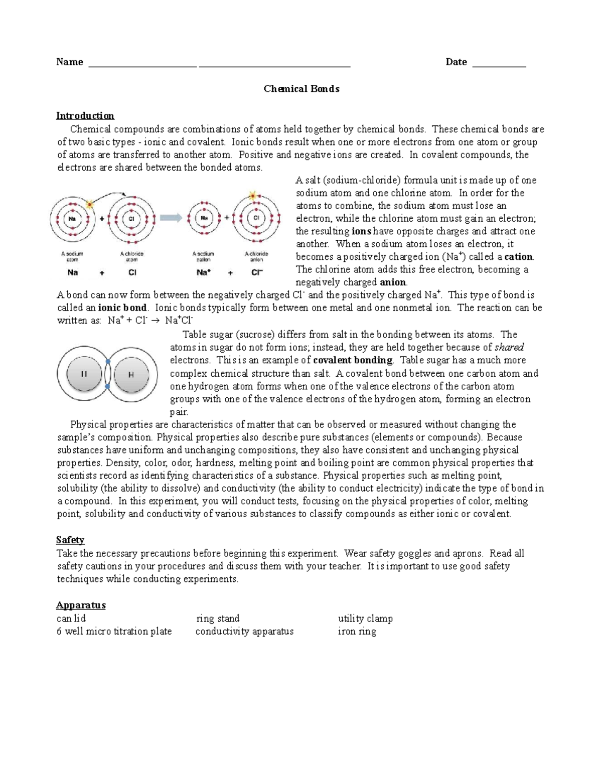 (C1) Chemical Bond Lab - Pre-AP Chemistry - Name