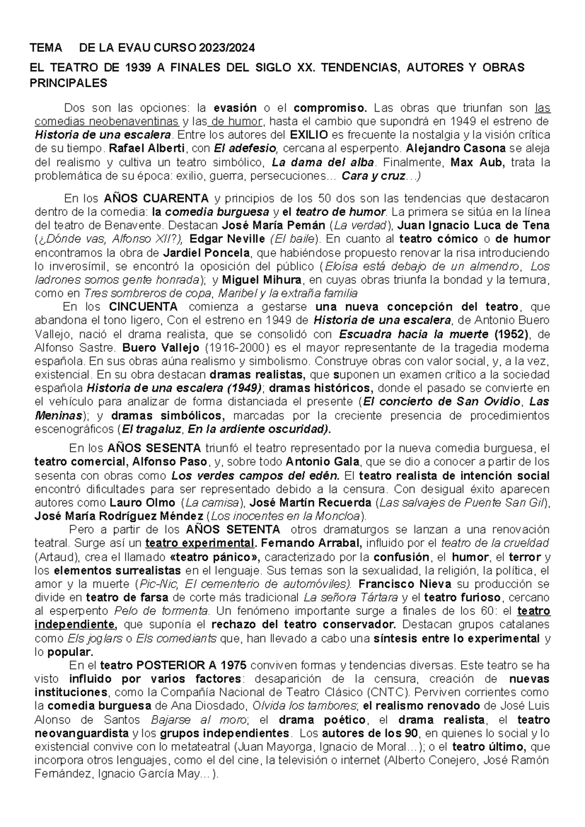EL Teatro Y LA Poesía DE 1939 A Finales DEL Siglo XX - TEMA DE LA EVAU ...