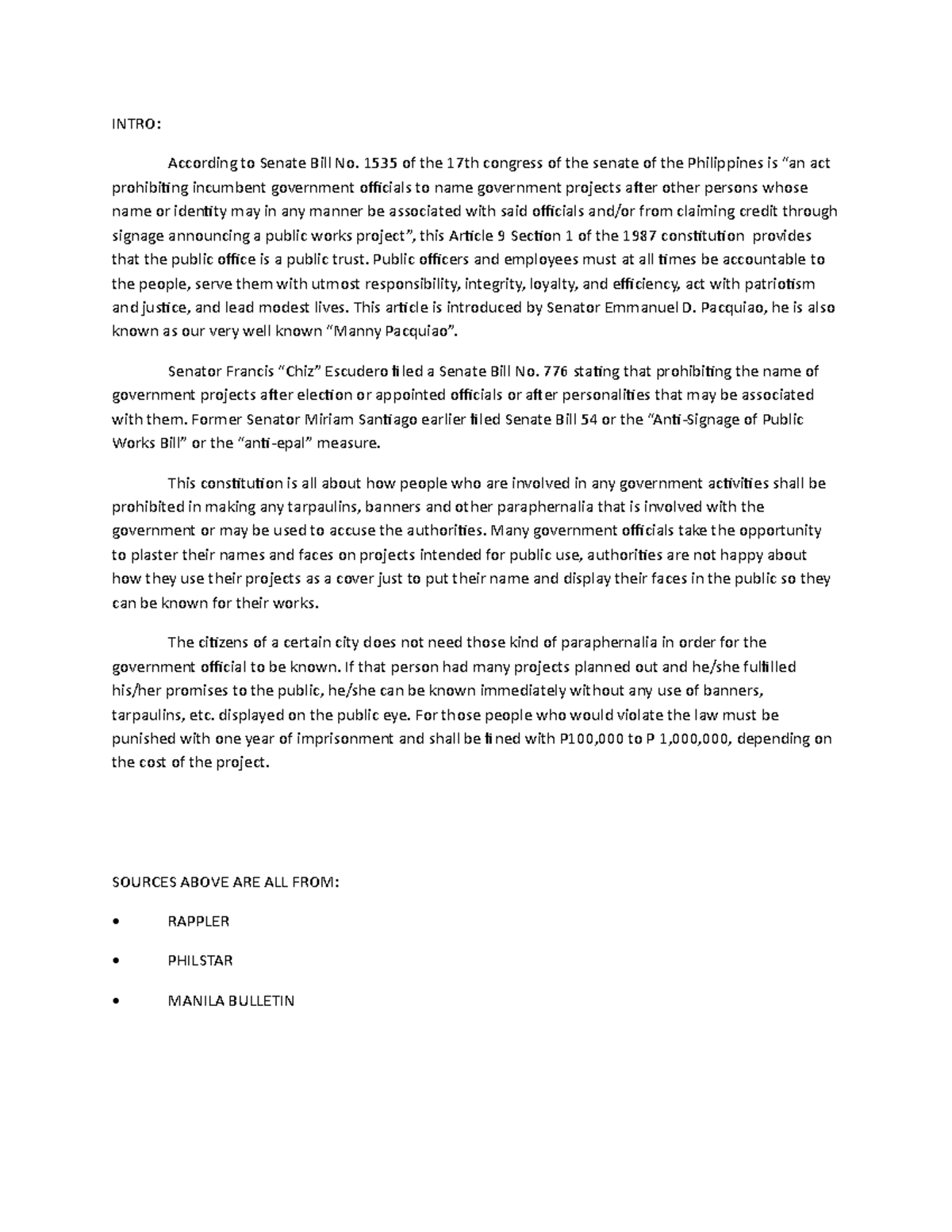 Position Paper - Thank you - INTRO: According to Senate Bill No. 1535 ...