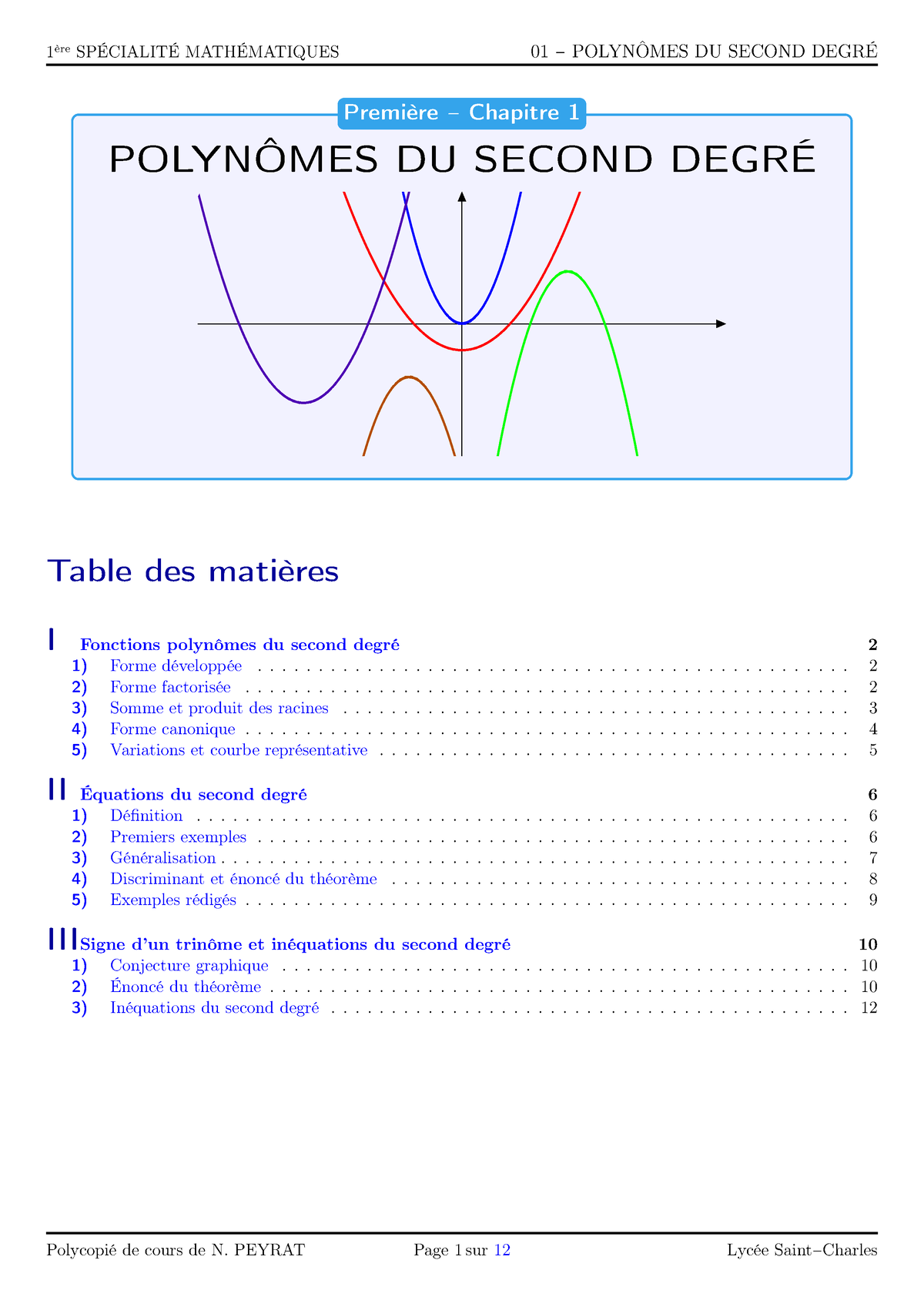 1S-01- Second Degre-cours - POLYNÔMES DU SECOND DEGRÉ - Première − ...