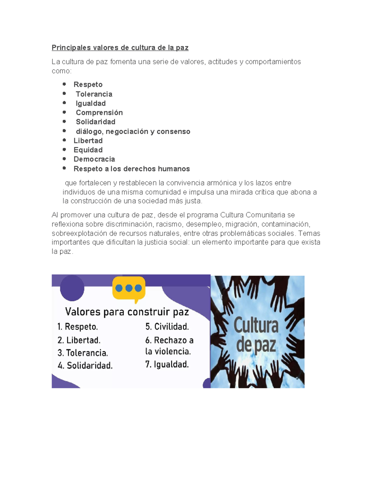 Principales valores de cultura de la paz - Al promover una cultura de ...
