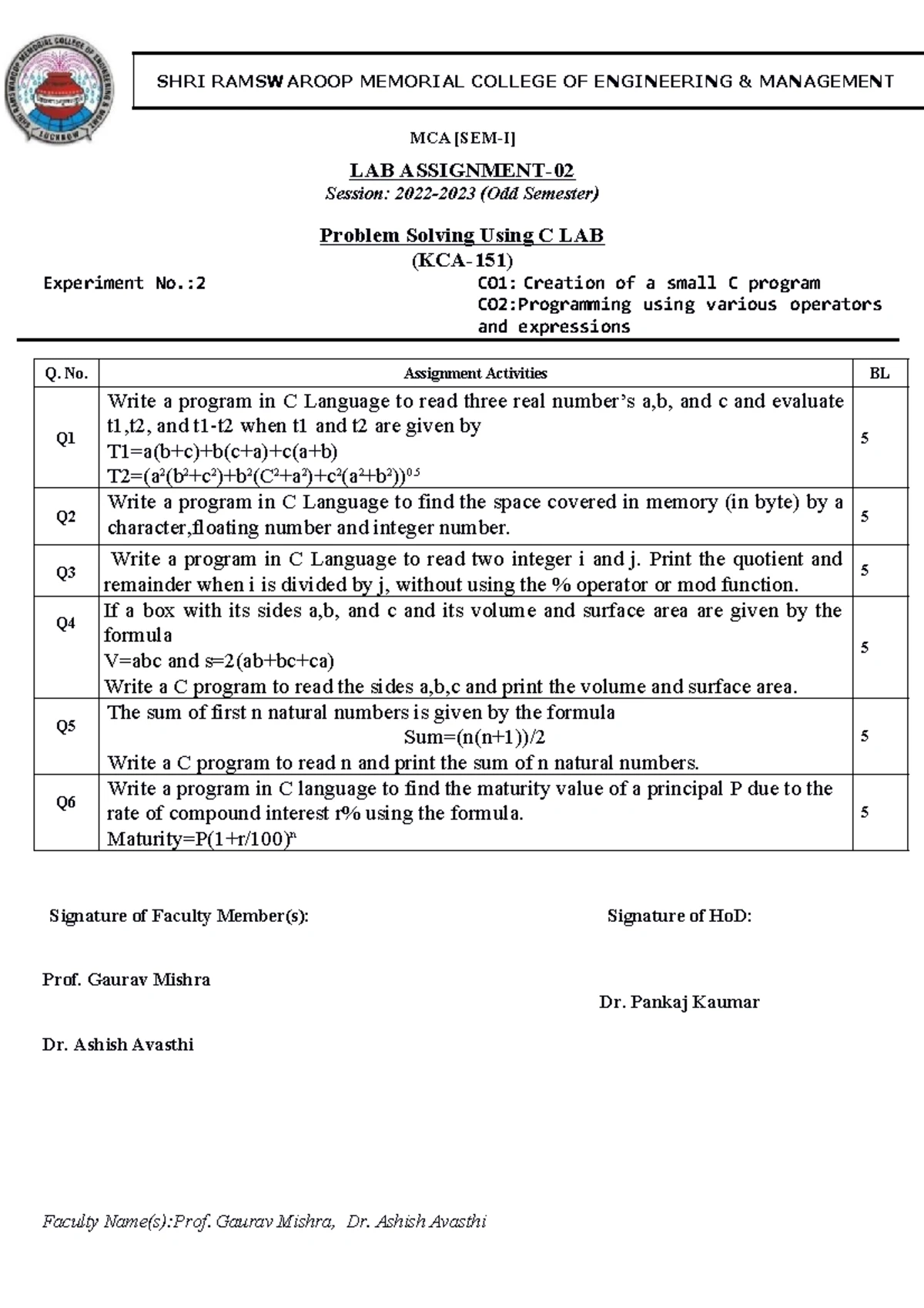 A6 - Assignment. - Faculty Name(s):Prof. Gaurav Mishra, Dr. Ashish ...