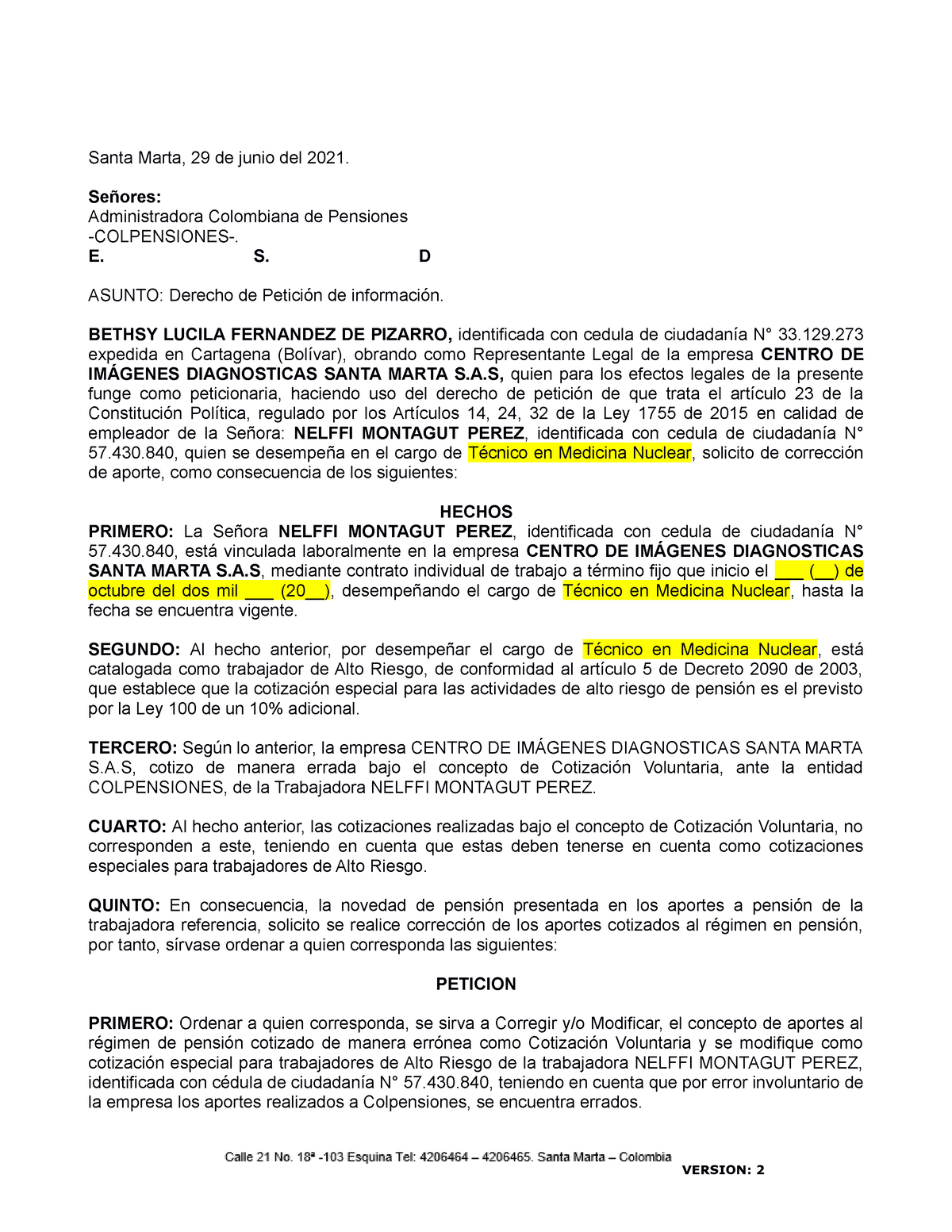 Derecho DE Peticion ANTE Colpensiones - Santa Marta, 29 de junio del ...