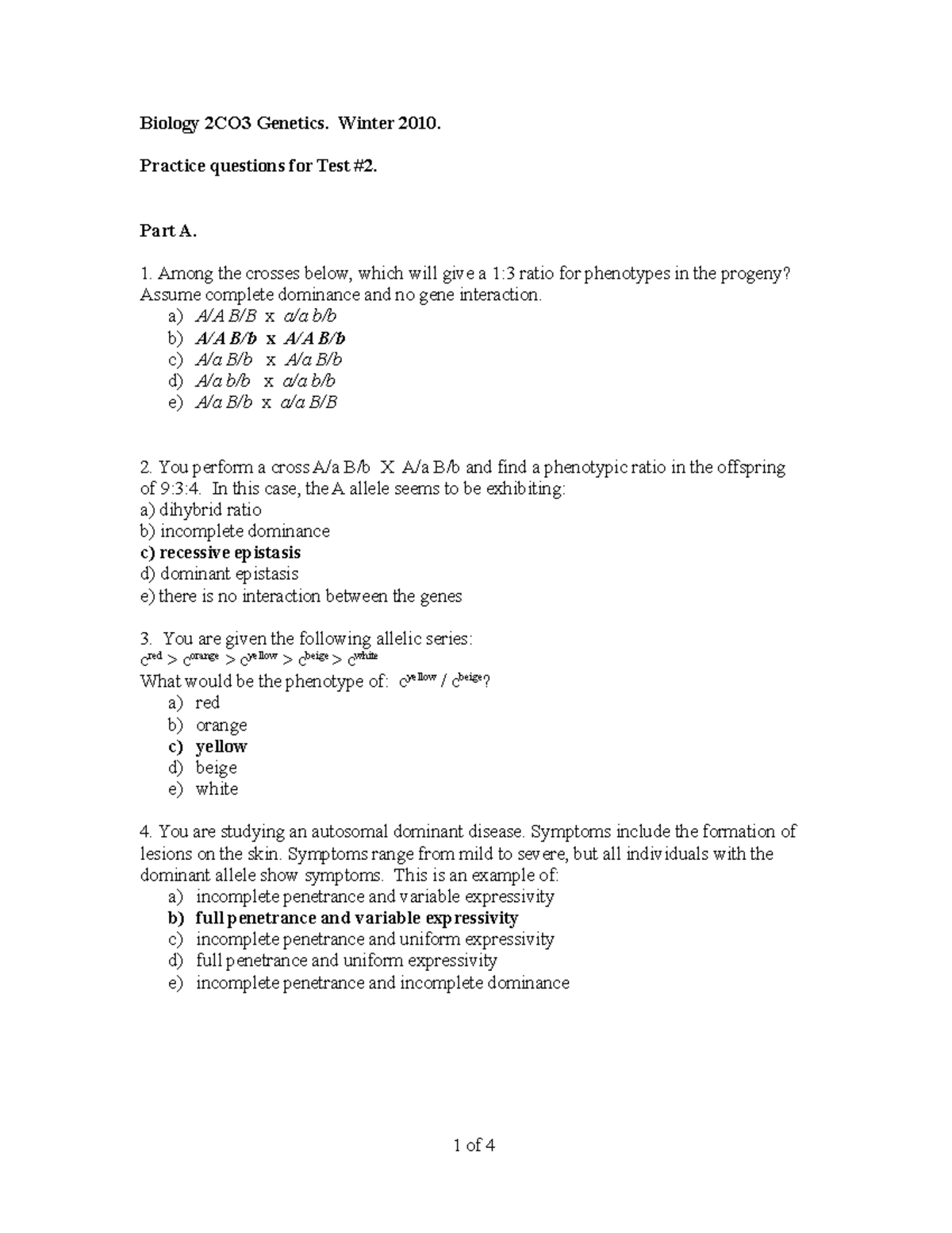 Practice exam 2011, Questions and answers - Biology 2CO3 Genetics ...
