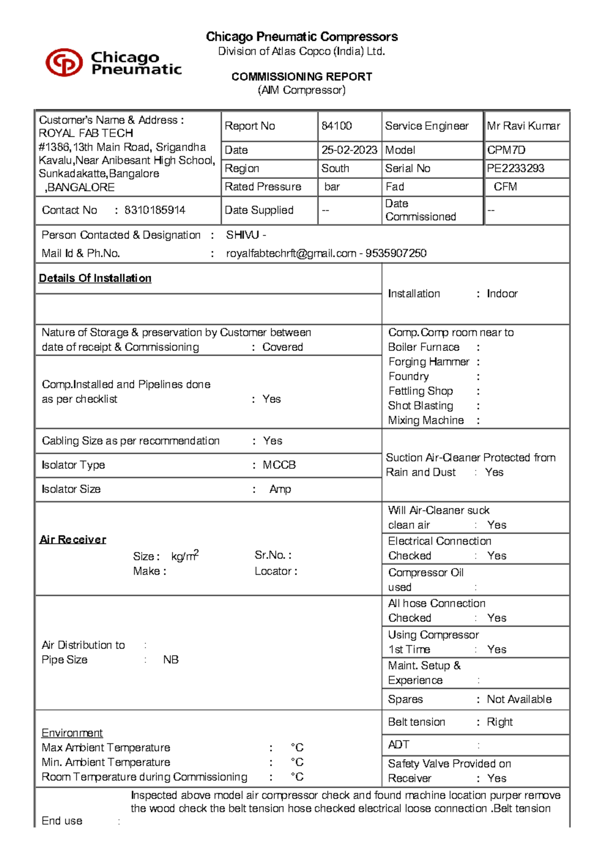 New Commisioning report - Chicago Pneumatic Compressors Division of ...