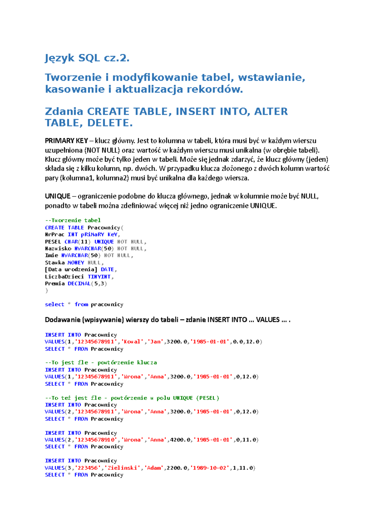 SQL - notatki z wykładu część druga wykład - Język SQL cz. Tworzenie i ...