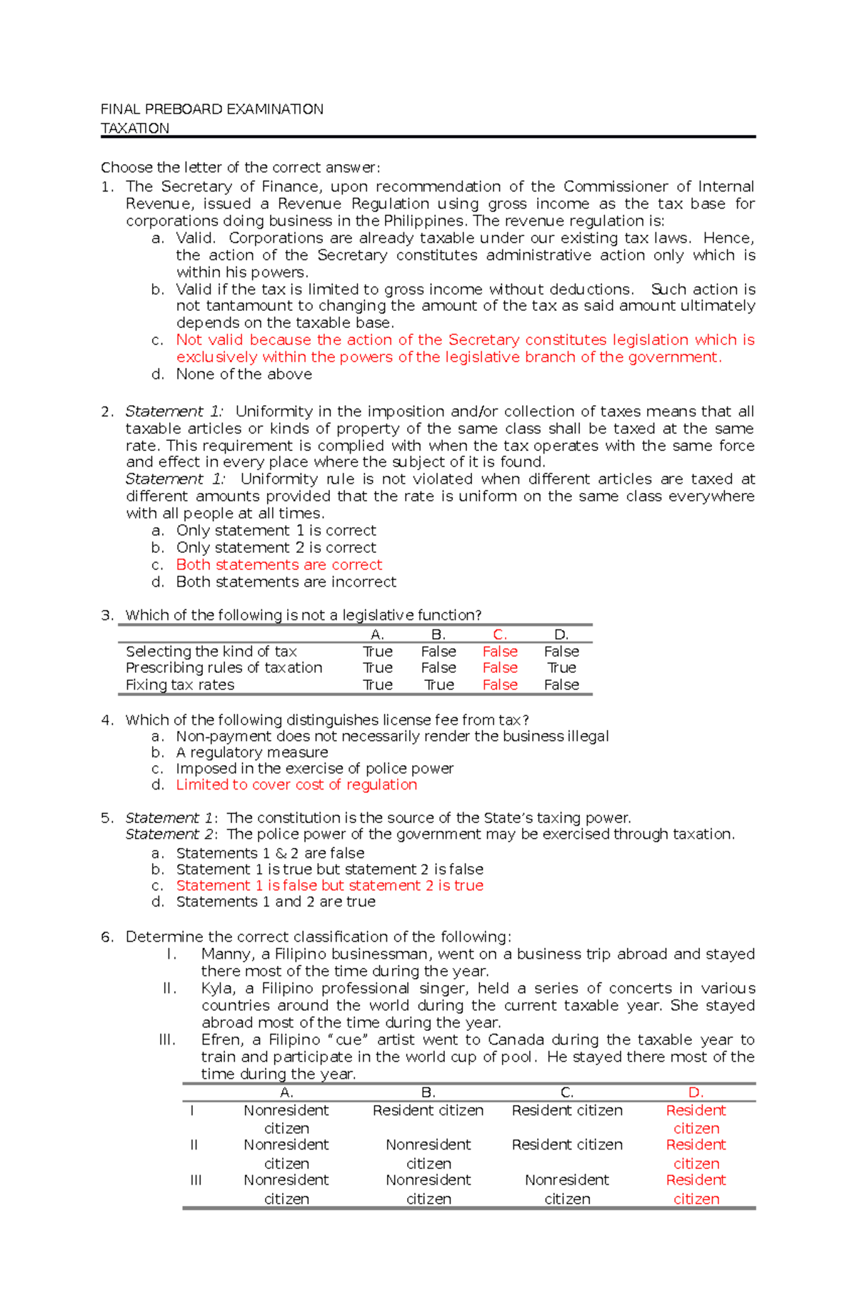 Taxation Answer Key FINAL PREBOARD EXAMINATION TAXATION Choose The Letter Of The Correct 