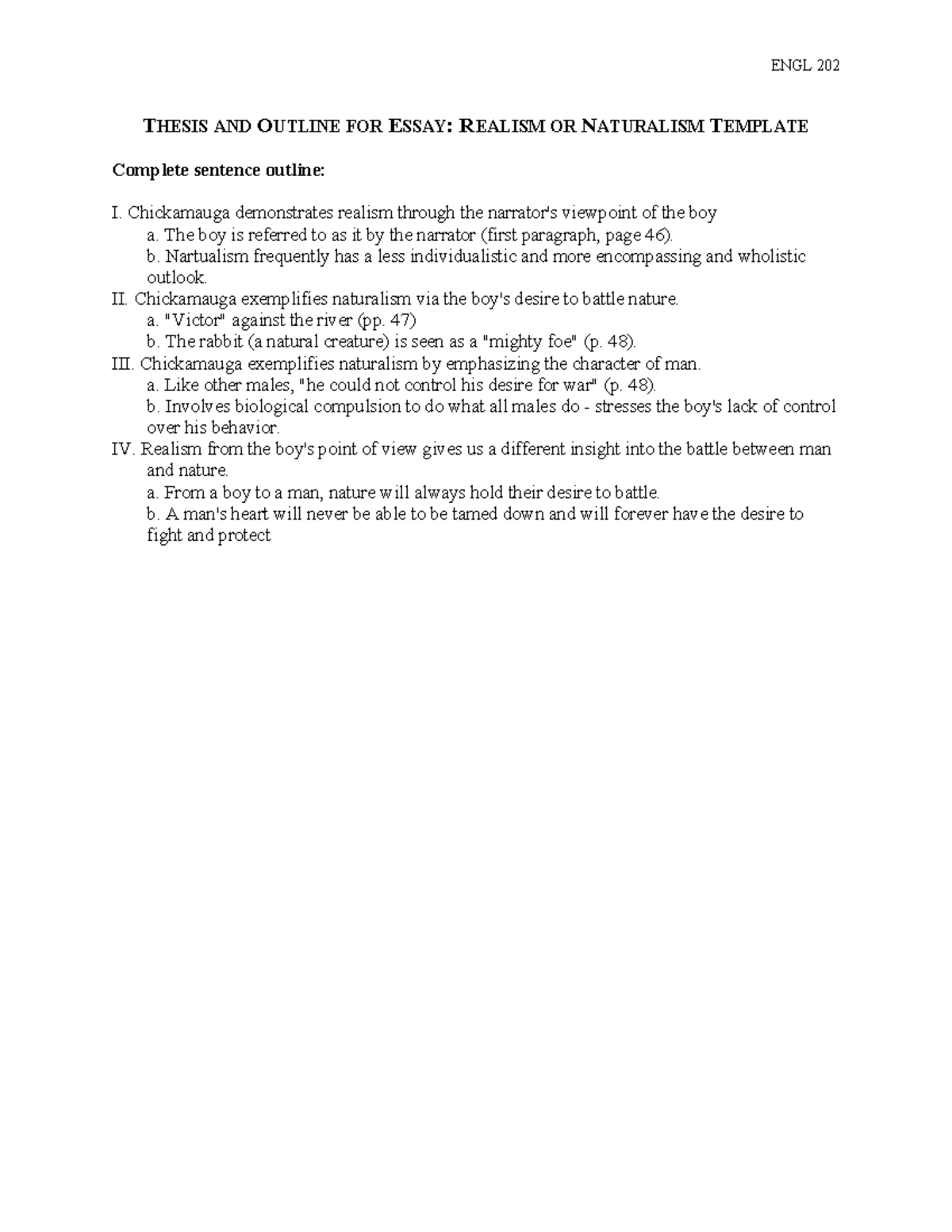 Thesis and Outline for Essay Realism or Naturalism 1 - ENGL 202 THESIS ...