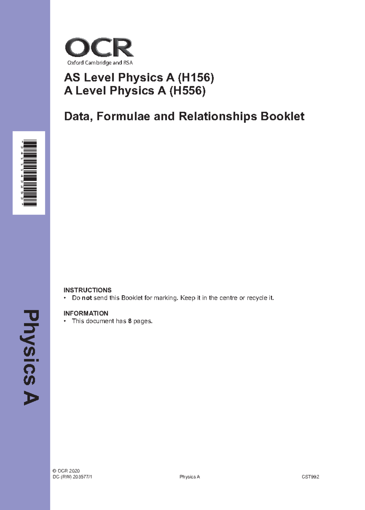 Data, Formulae and Relationships Booklet - OCR (A) Physics AS-level - 3 ...