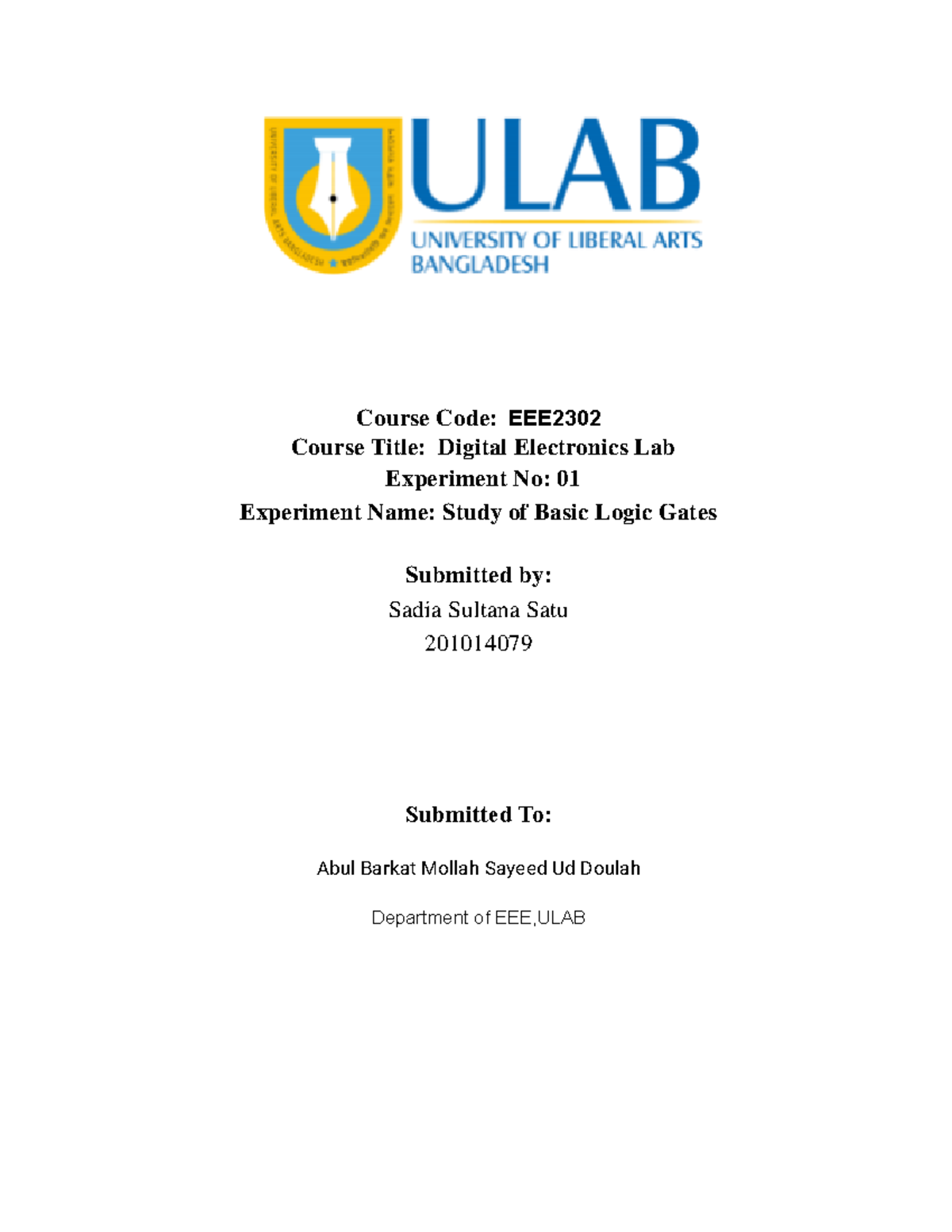 Digital Electronics Lab (report-1) - Course Code: EEE Course Title ...