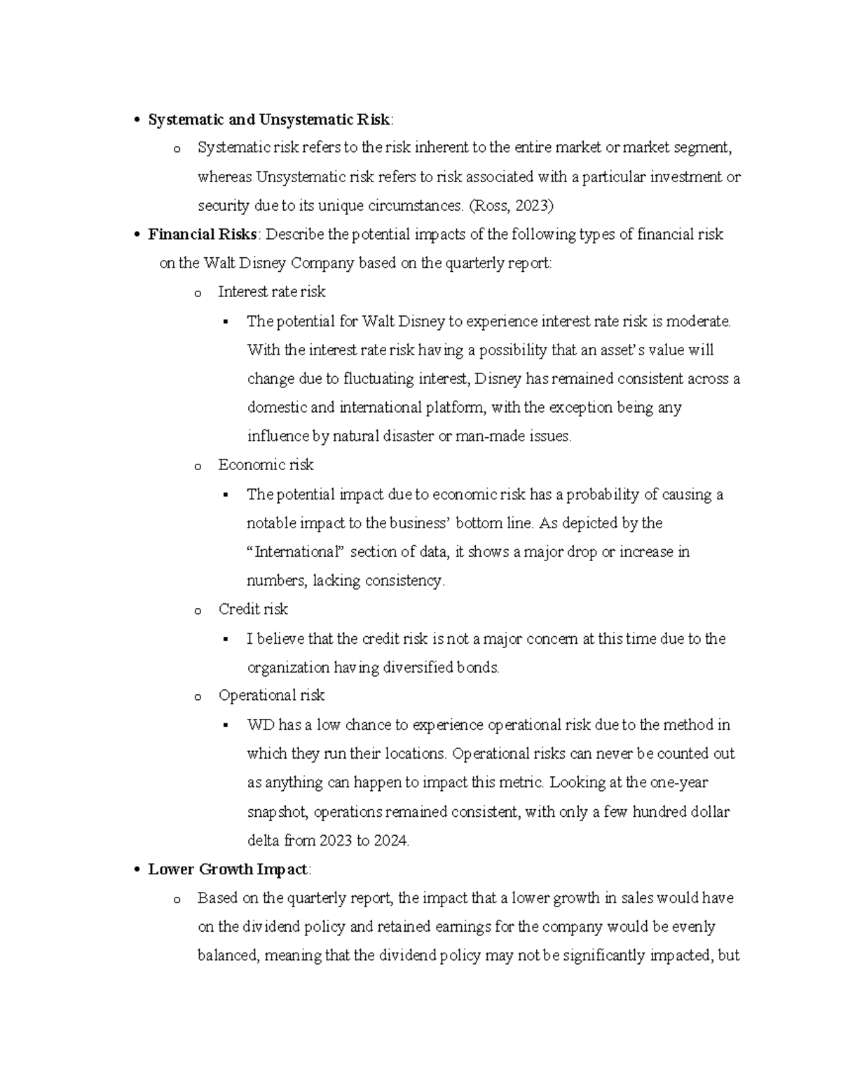 Walt Disney Risk Assessment - Systematic and Unsystematic Risk: o ...