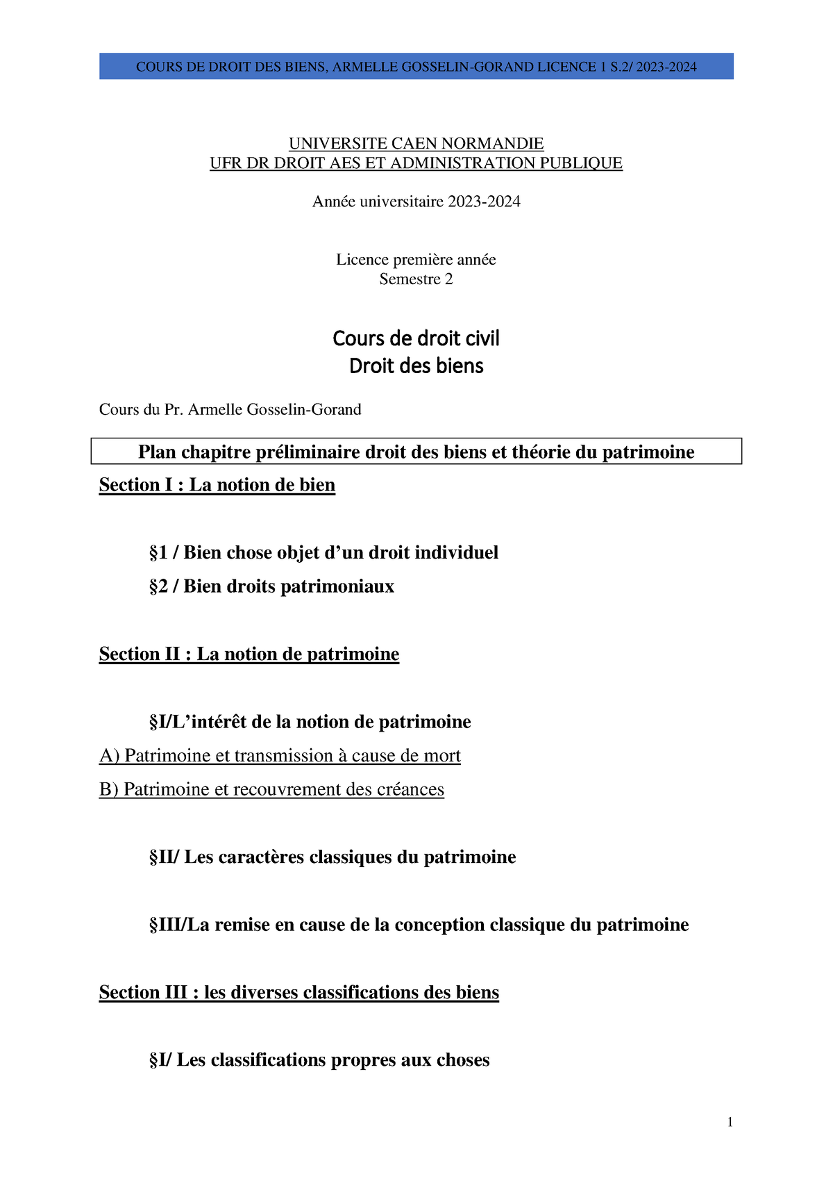 Plan Introduction 2023-2024 - COURS DE DROIT DES BIENS, ARMELLE ...