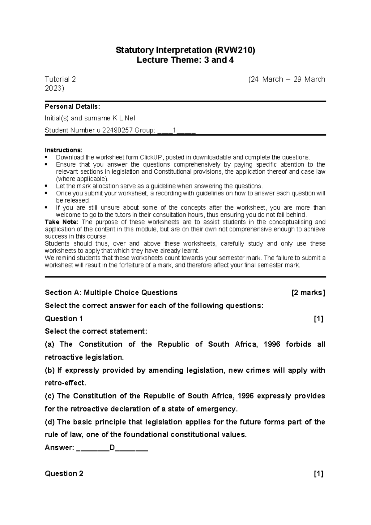 Tutorial 2 RVW - Statutory Interpretation (RVW210) Lecture Theme: 3 and ...
