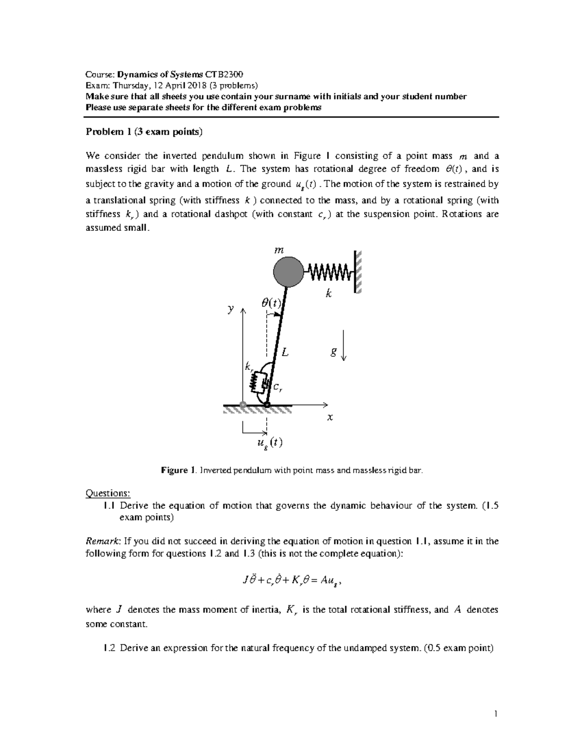Exam 12 April 18 Questions And Answers Dynamica Van Systemen Studeersnel