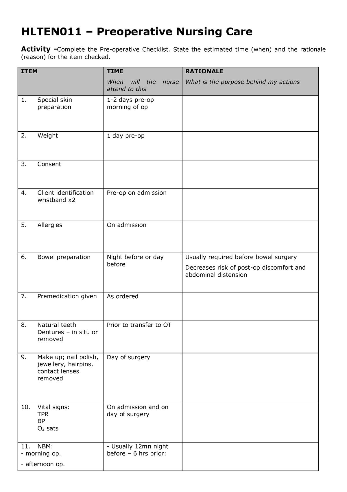 Pre-post Op Care - Pre And Post Op Care Notes - HLTEN011 – Preoperative ...