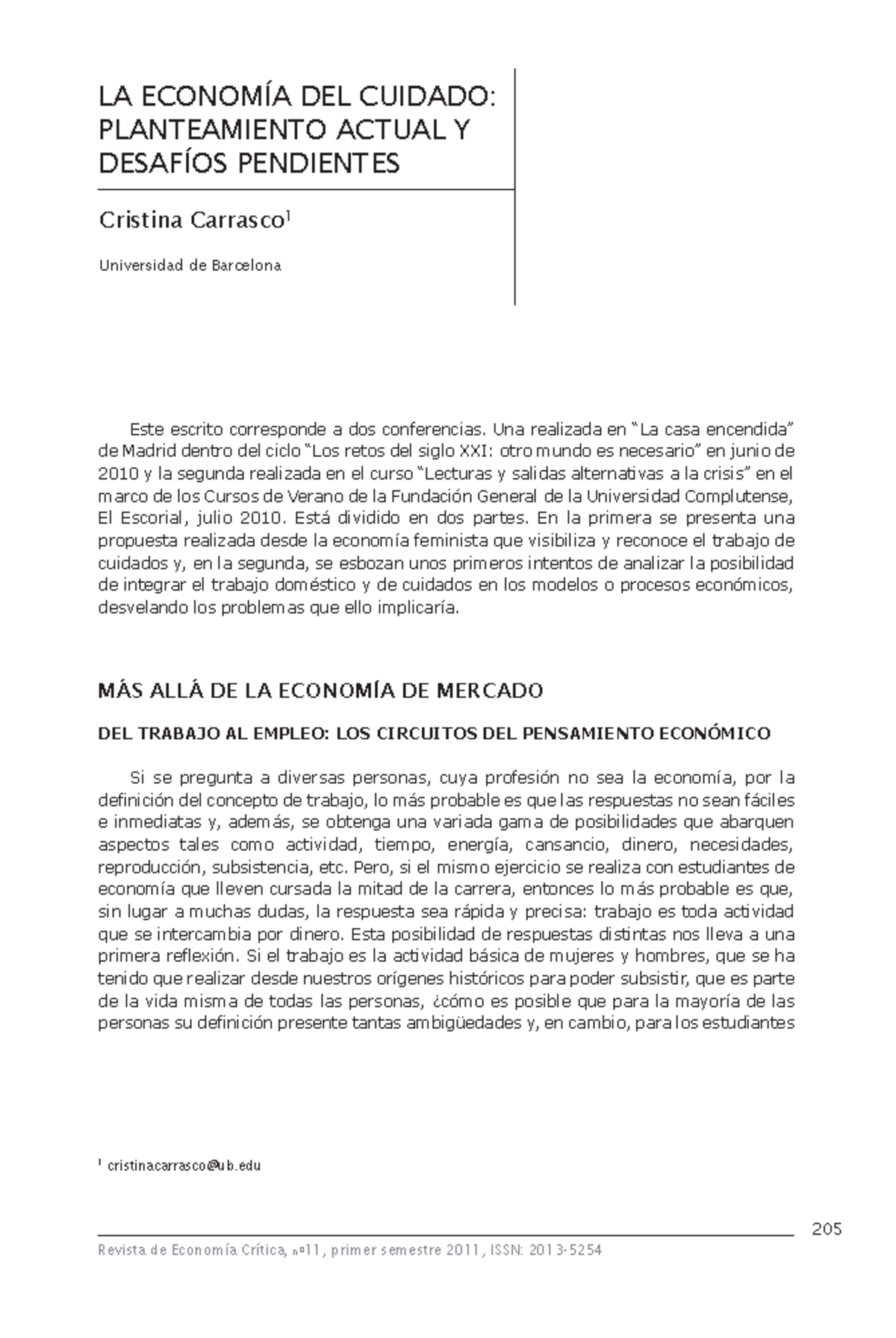 Carasco (2011 ). La economía del cuidado (pag. 205-225) - 205 Este ...