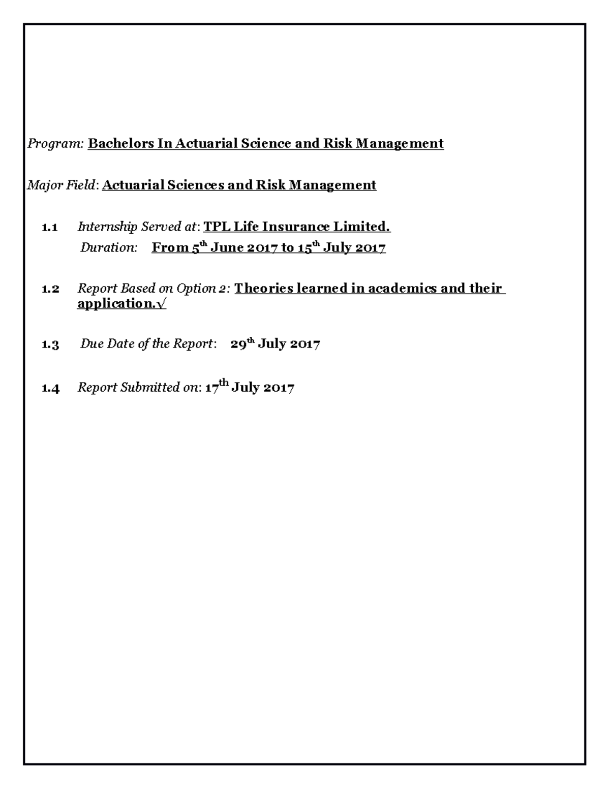 Report on TPL Life - Program: Bachelors In Actuarial Science and Risk ...