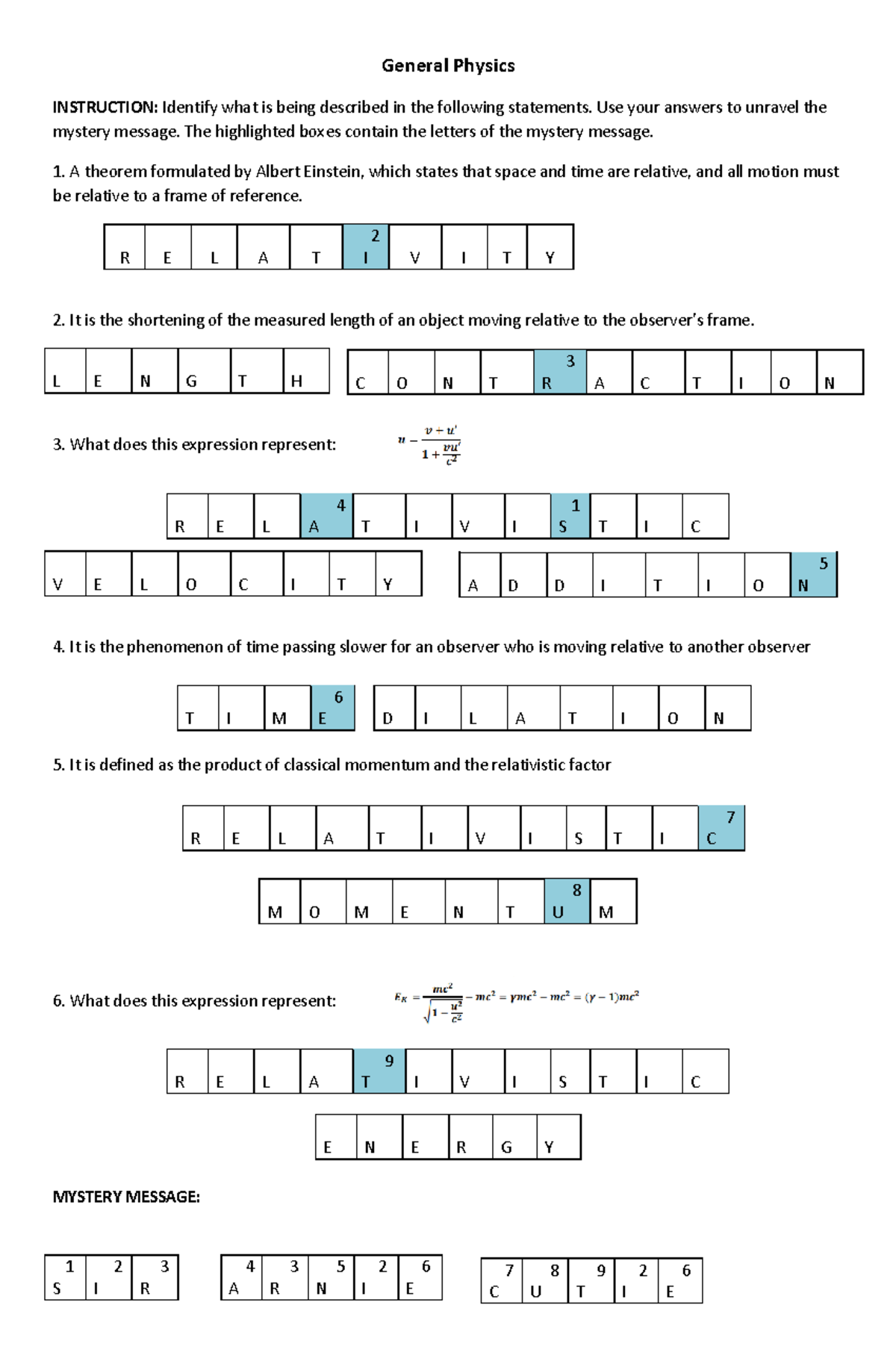 Physics Triad Activity - General Physics INSTRUCTION: Identify what is ...