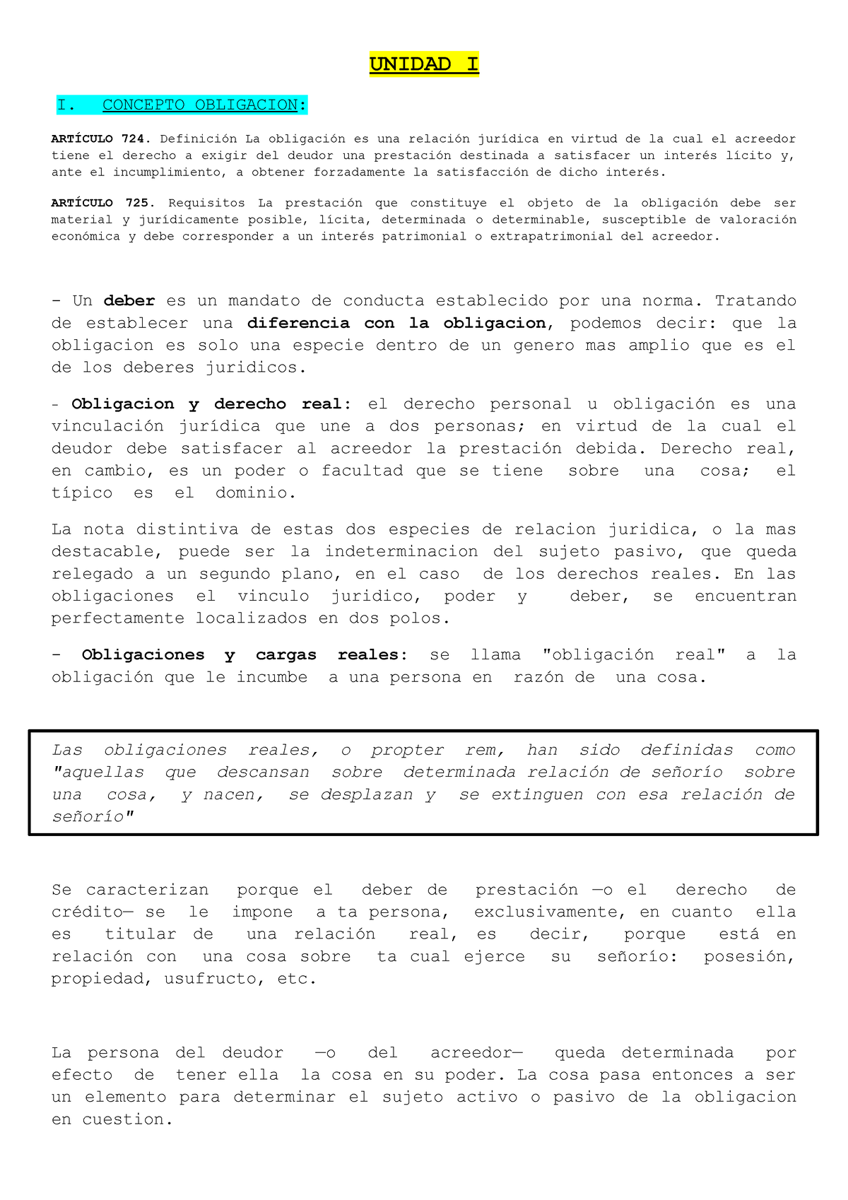 1 Resumen Obligaciones Unidad I I Concepto Obligacion ArtÍculo 724 Definición La 7510