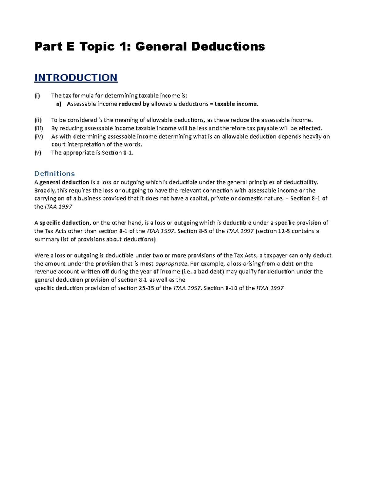 Topic E - Australian Taxation General Deductions - Part E Topic 1 ...