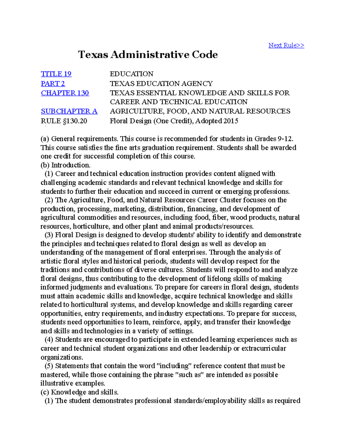 TEKS 130 Floral Design Texas Administrative Code Next Rule>> TITLE