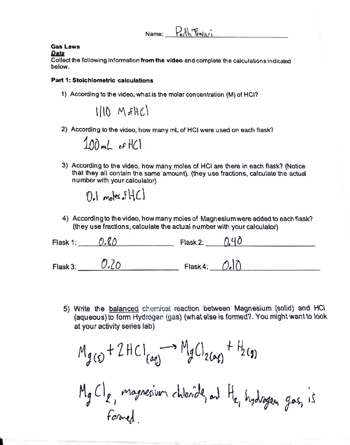 Experiment 8 - hiiiii - Name: P.. ~'IVOJ·, Gas Laws Qm Collect the ...