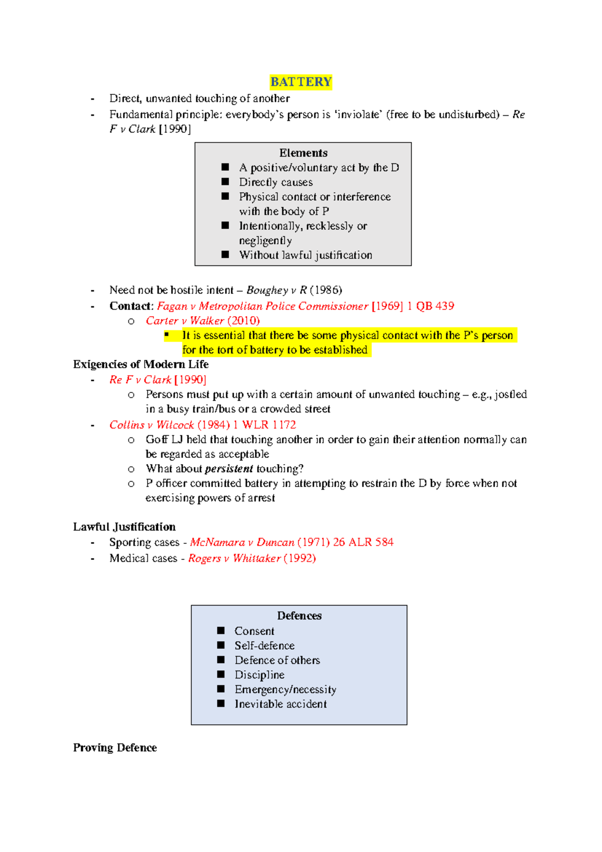 Battery and Assault - Torts - BATTERY - Direct, unwanted touching of ...