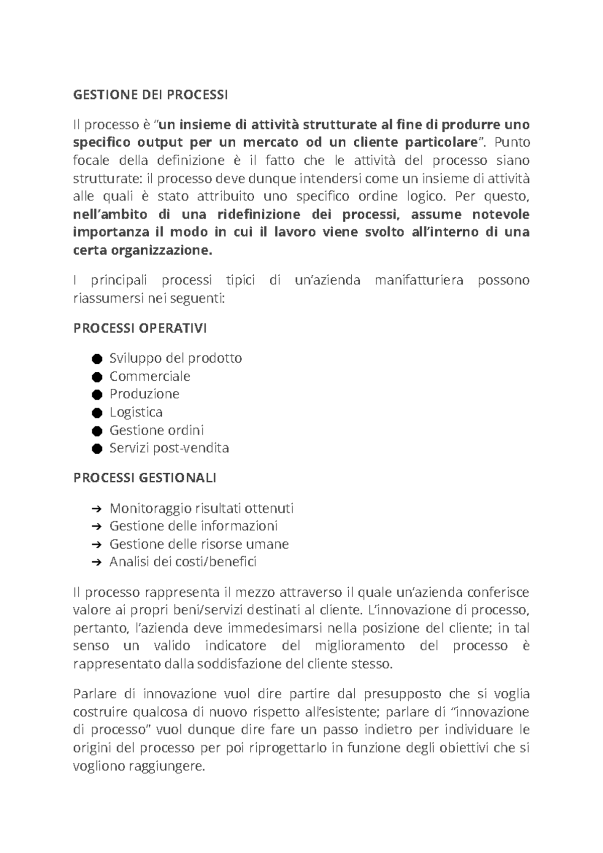 Innovazione DI Prodotto Servizio - GESTIONE DEI PROCESSI Il processo è ...