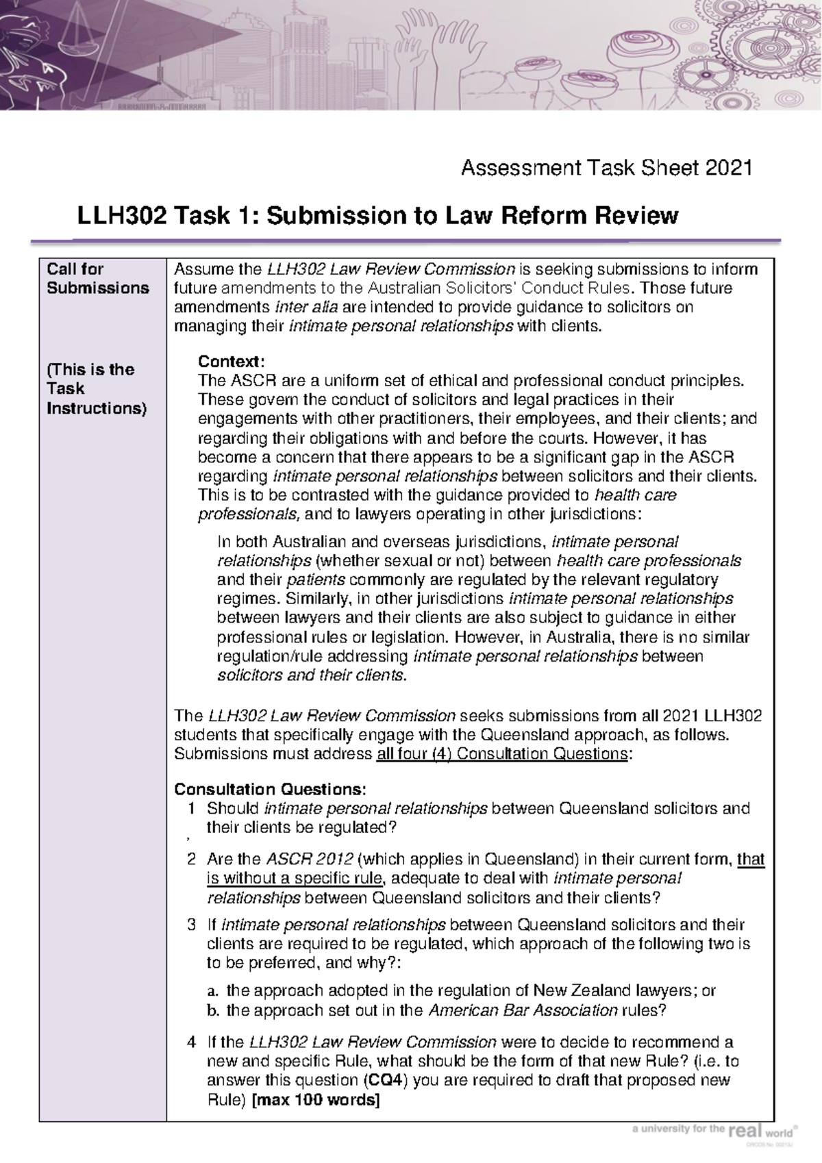 Llh302 2021 Task 1 Topic Final 01 Assessment Task Sheet 20 21 Llh302 Task 1 Submission To Law 1521