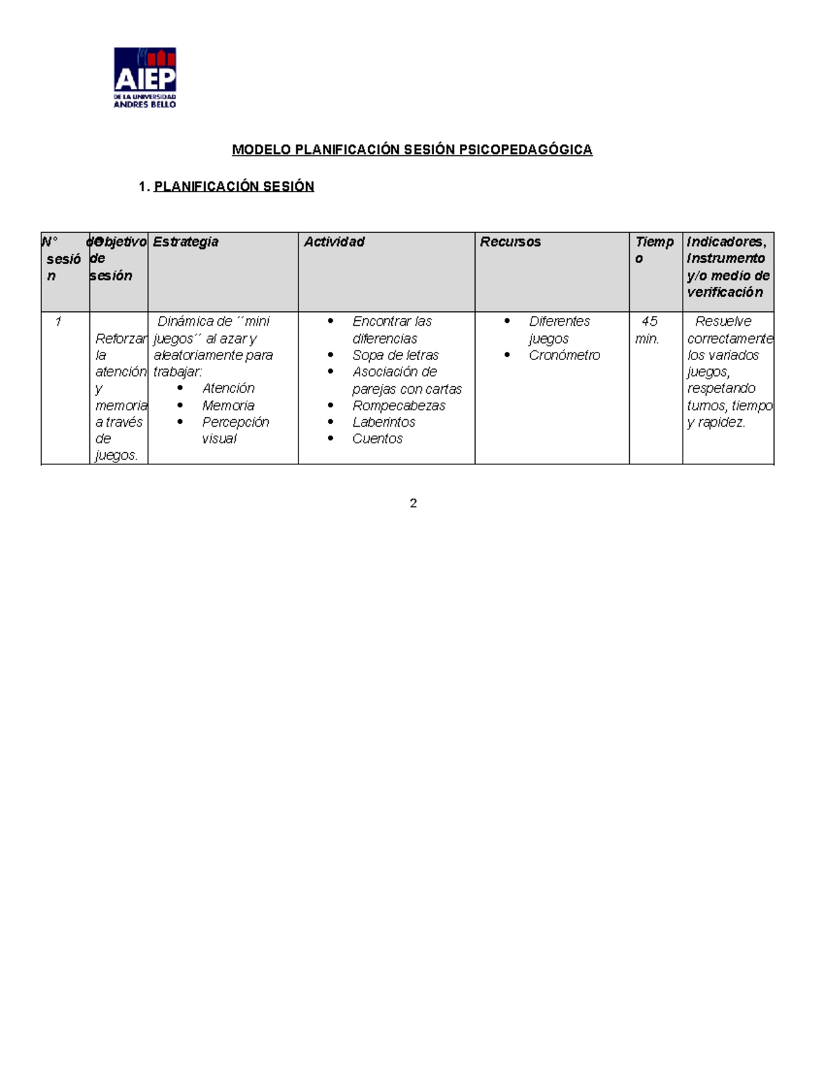 Planificación Modelo PlanificaciÓn SesiÓn PsicopedagÓgica 1 PlanificaciÓn SesiÓn N° De Sesió 1070