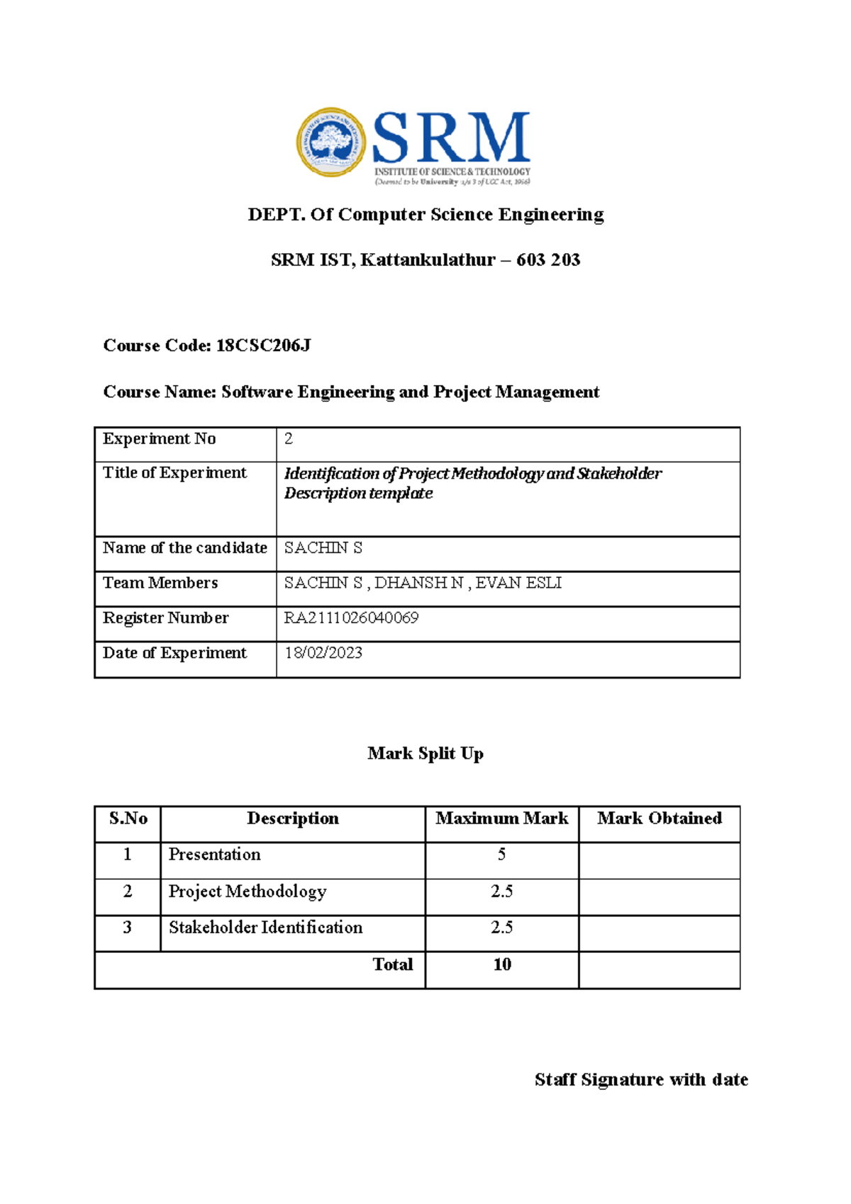 Exp 2 team 6 - practice - DEPT. Of Computer Science Engineering SRM IST ...