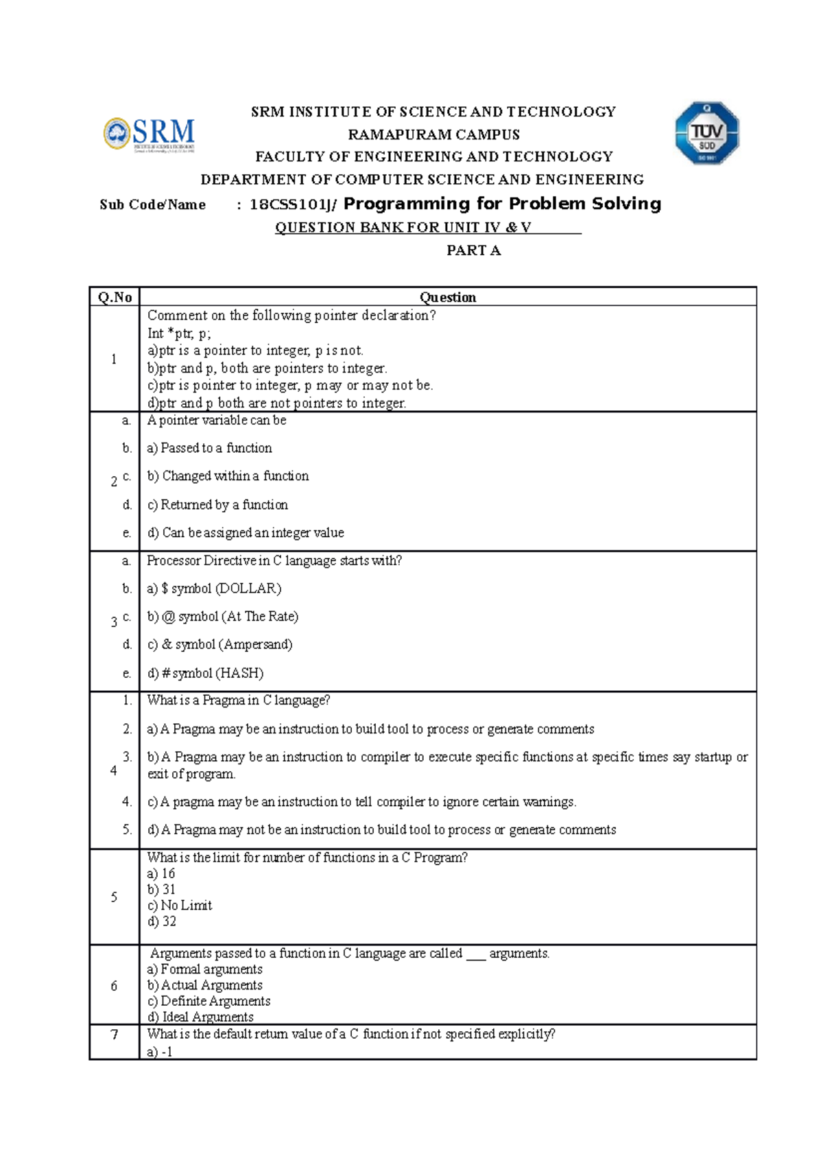 UNIT IV & V Question bank - SRM INSTITUTE OF SCIENCE AND TECHNOLOGY ...