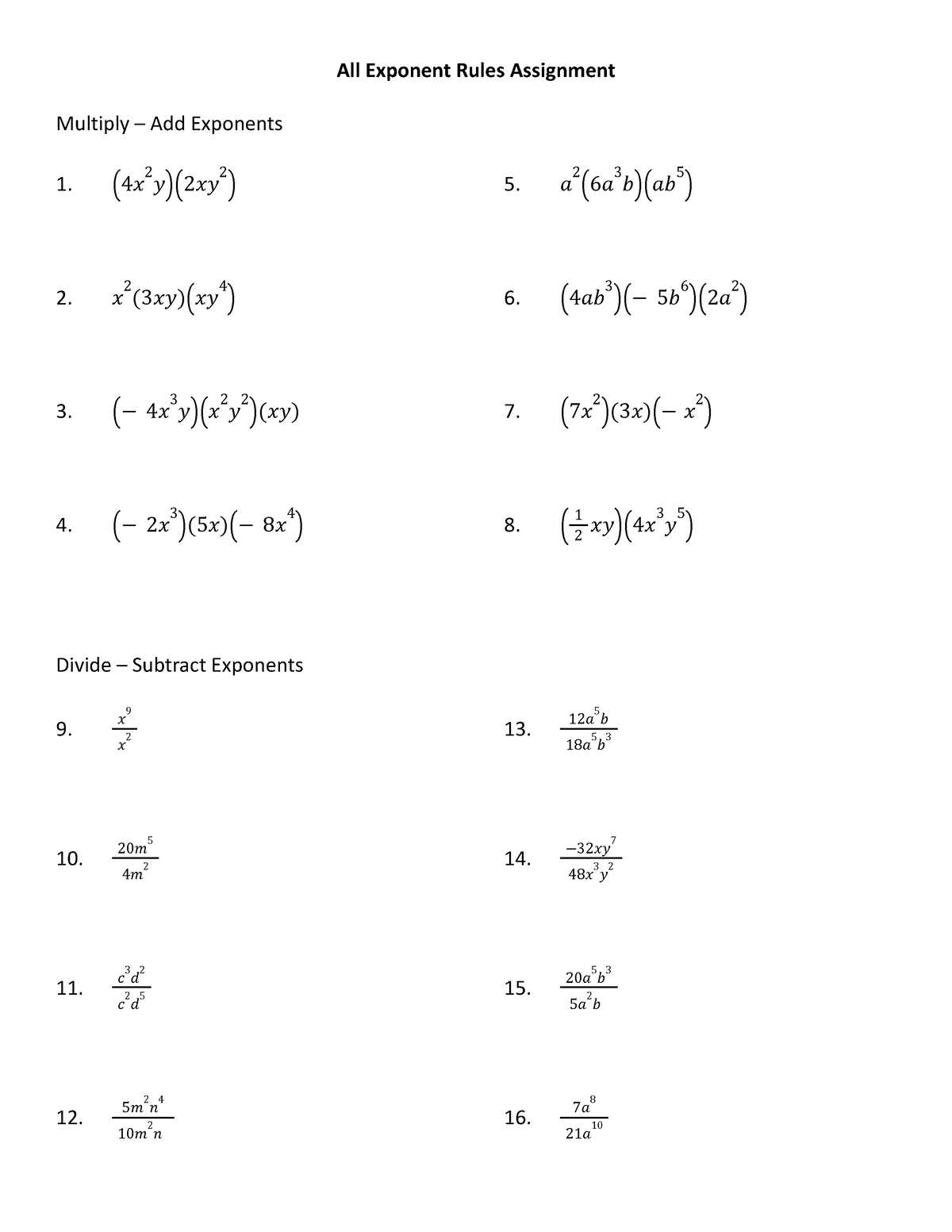 Practice Exponents Assignment - All Exponent Rules Assignment Multiply ...